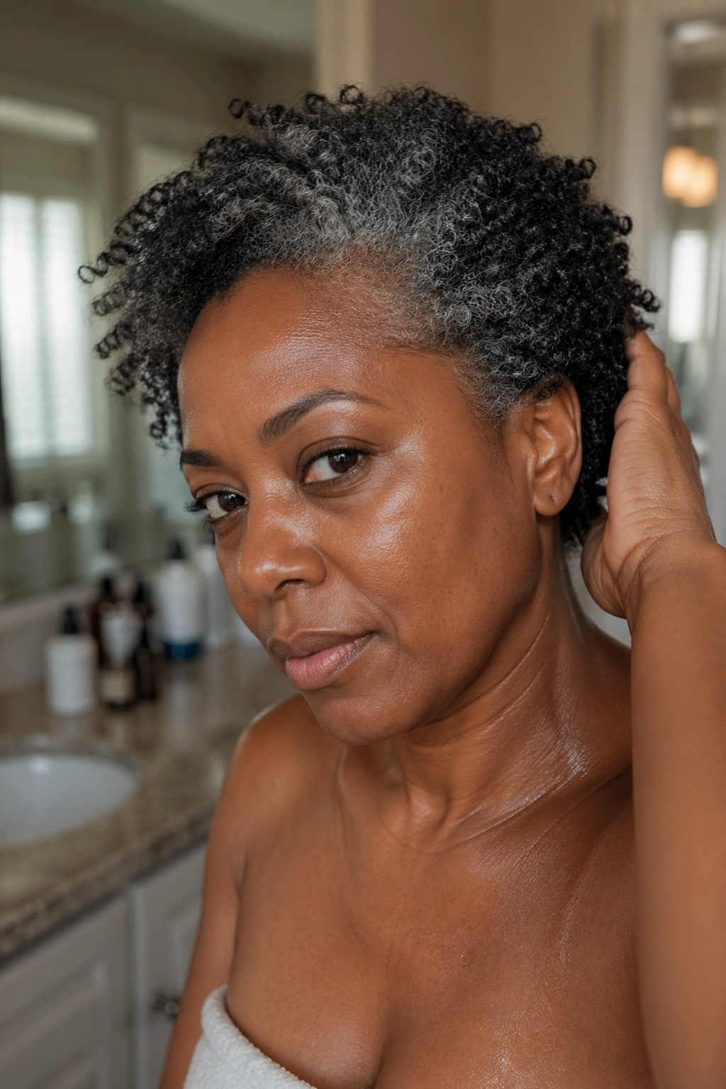 Close-up portrait of a 40-something woman with grey and dark hair and dry scalp in warm bathroom light