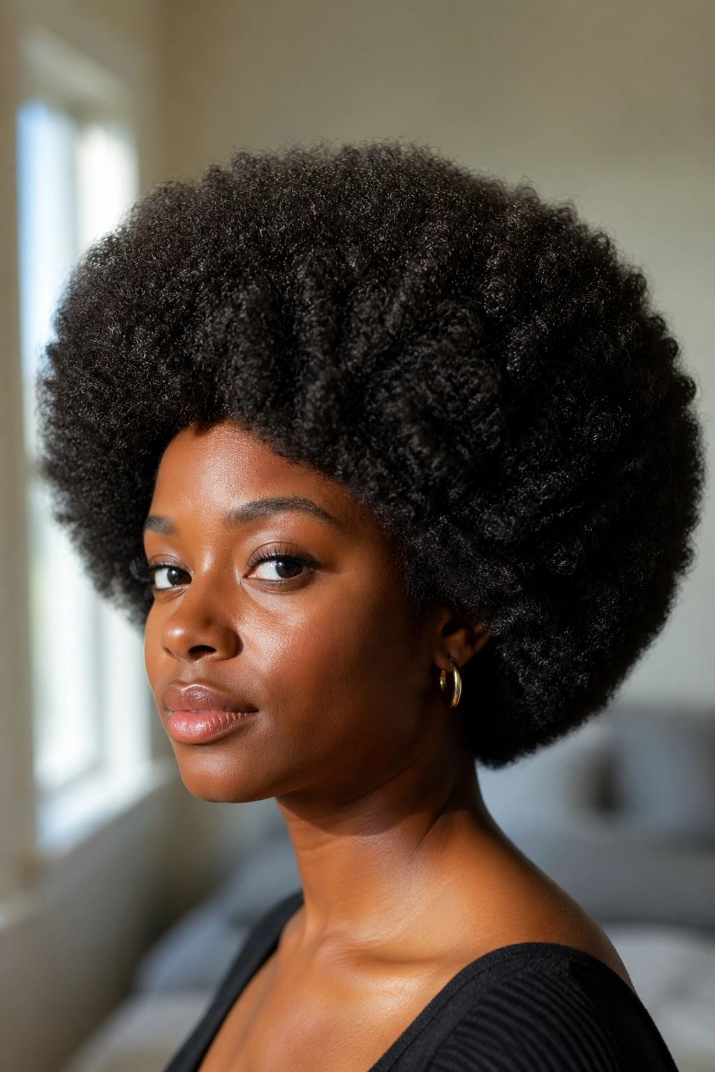 Portrait of a real person with a full 4C Afro.