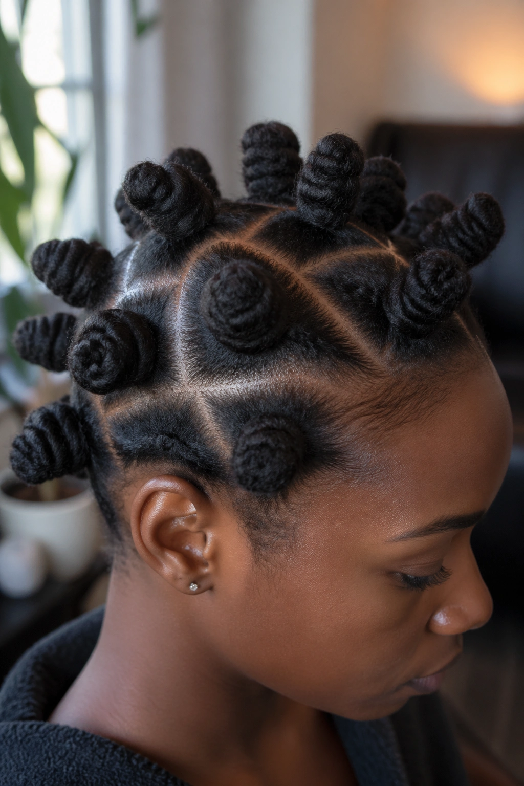 Close-up of 4C bantu knots on a real person, knots fill the frame