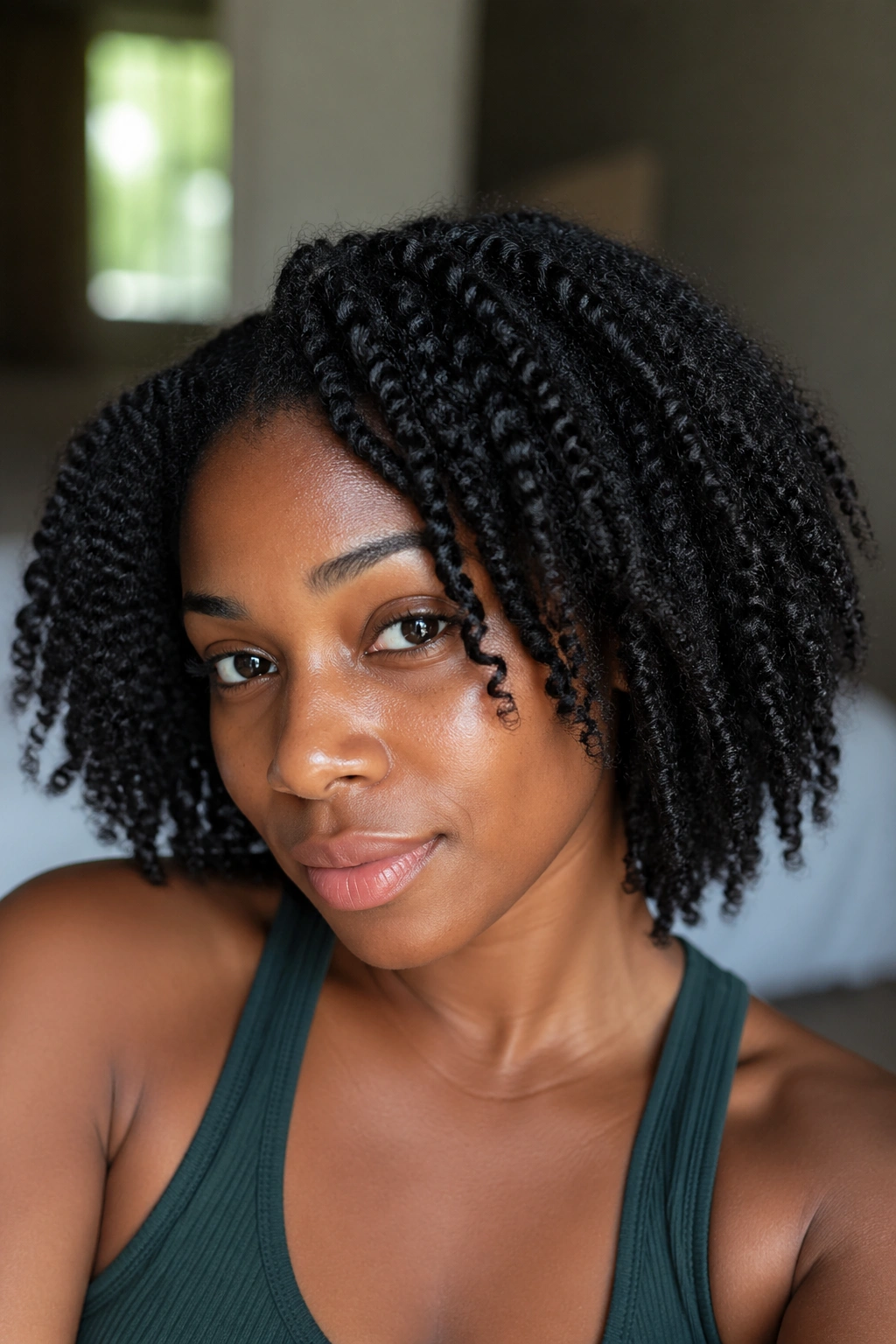 Close-up of a real woman with 4C braid-out hairstyle in a softly lit room