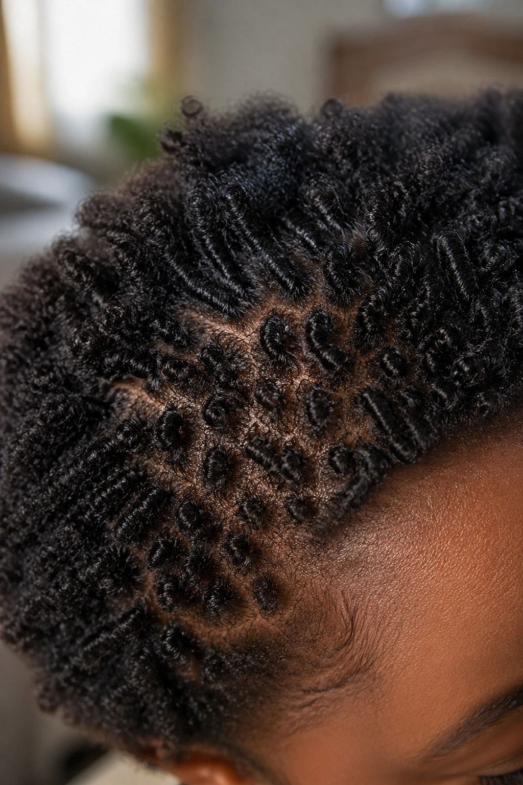 Close-up of 4C hair curl pattern on scalp showing tight zig-zag coils.