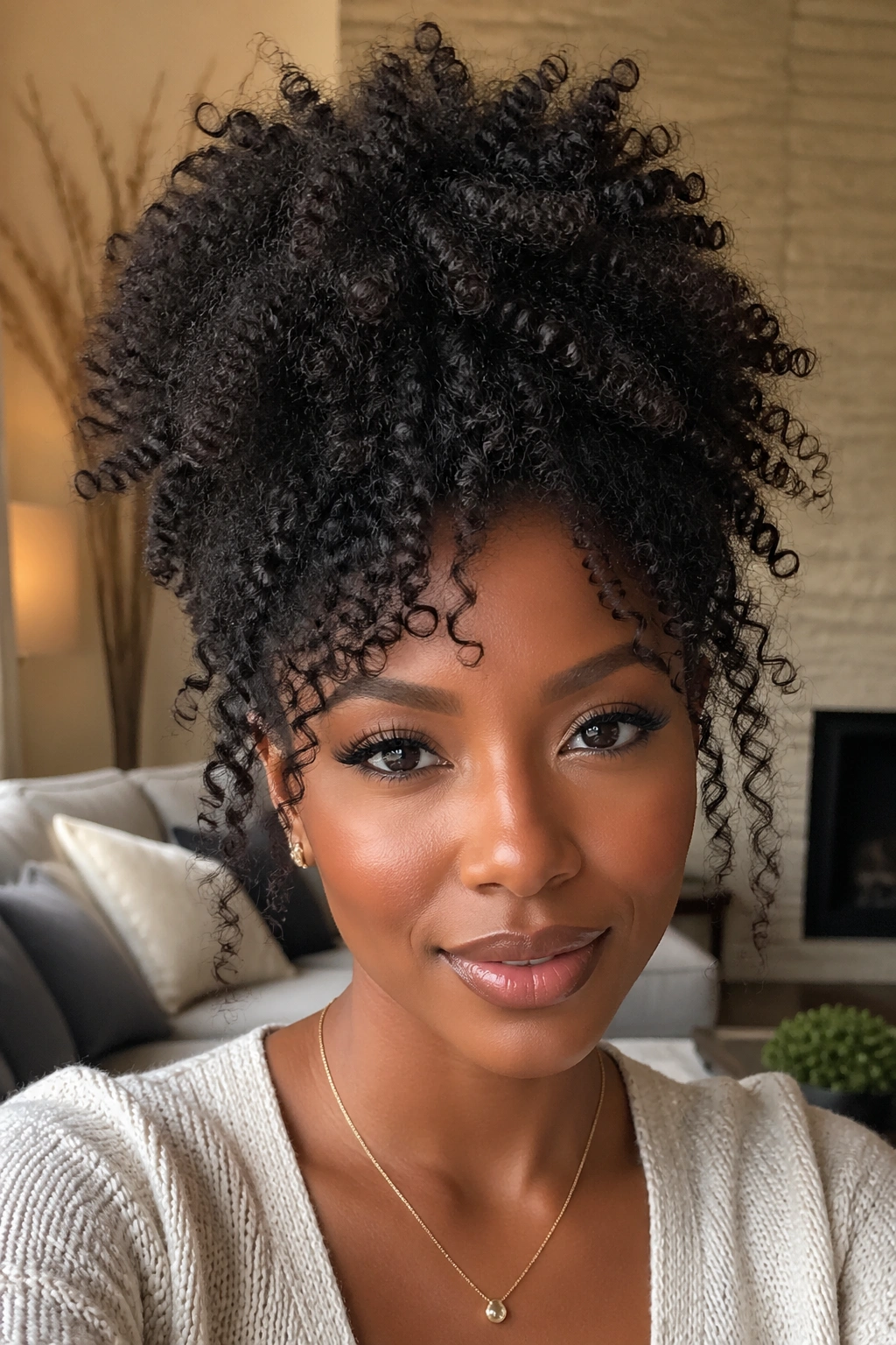 Close-up of a 4C curly updo on a real person, curls filling the frame