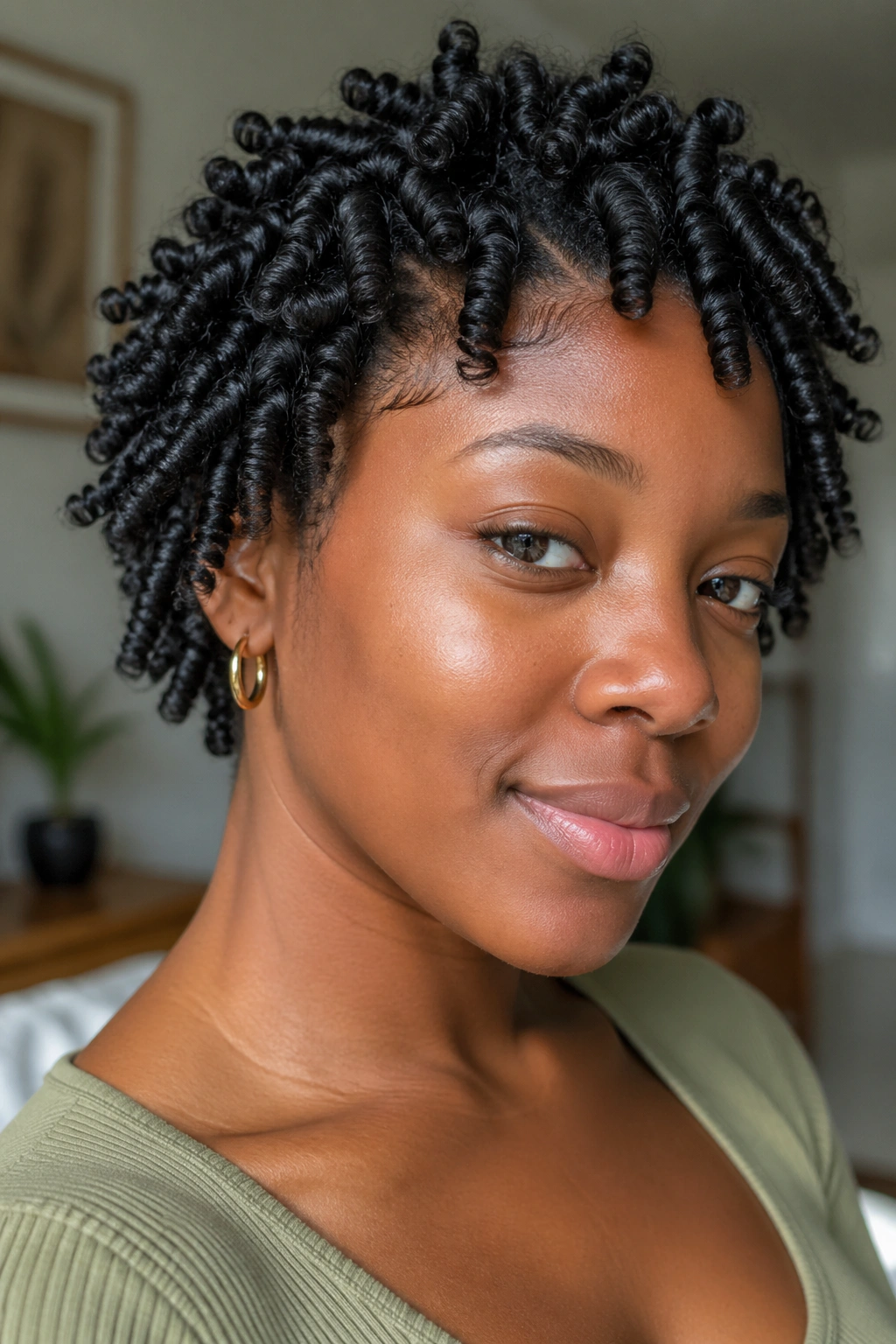 Close-up of a real woman with finger coils on 4C hair under natural light