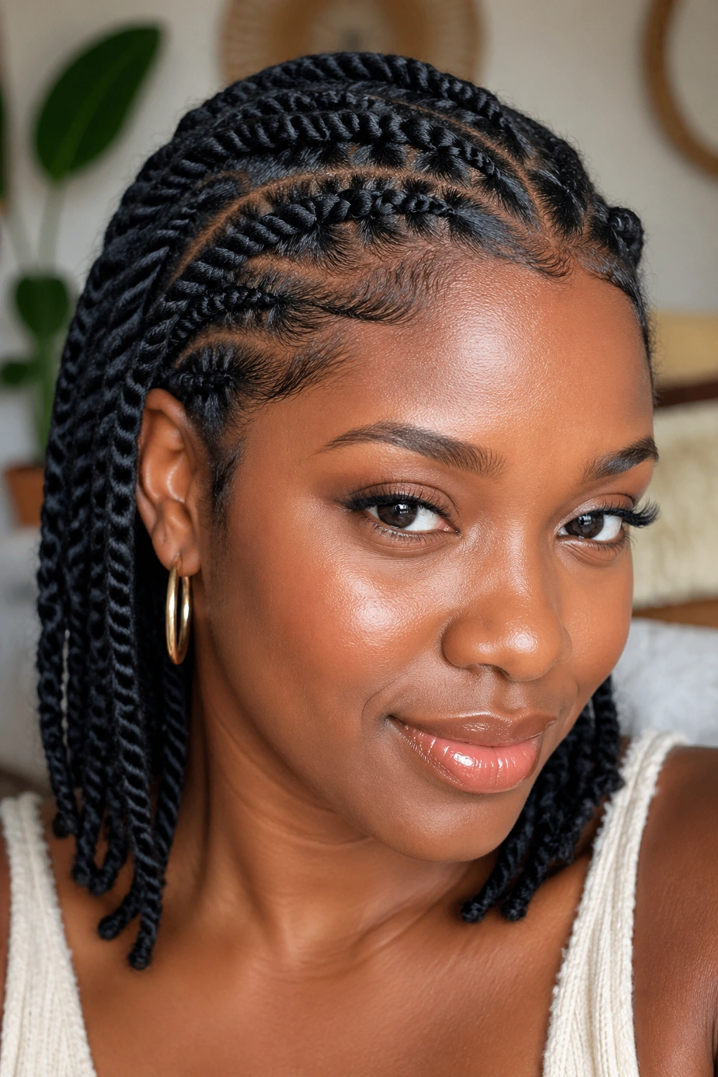 Close-up of 4C flat twists on a real person, twists framing the face
