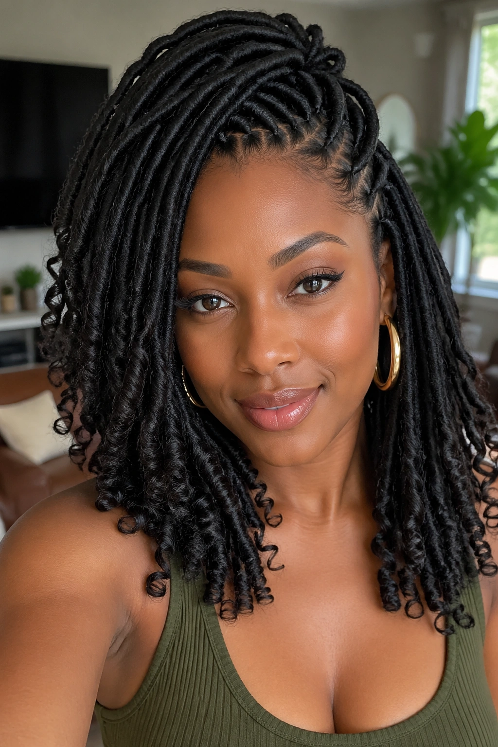 Close-up of a real woman with goddess locs on 4C hair