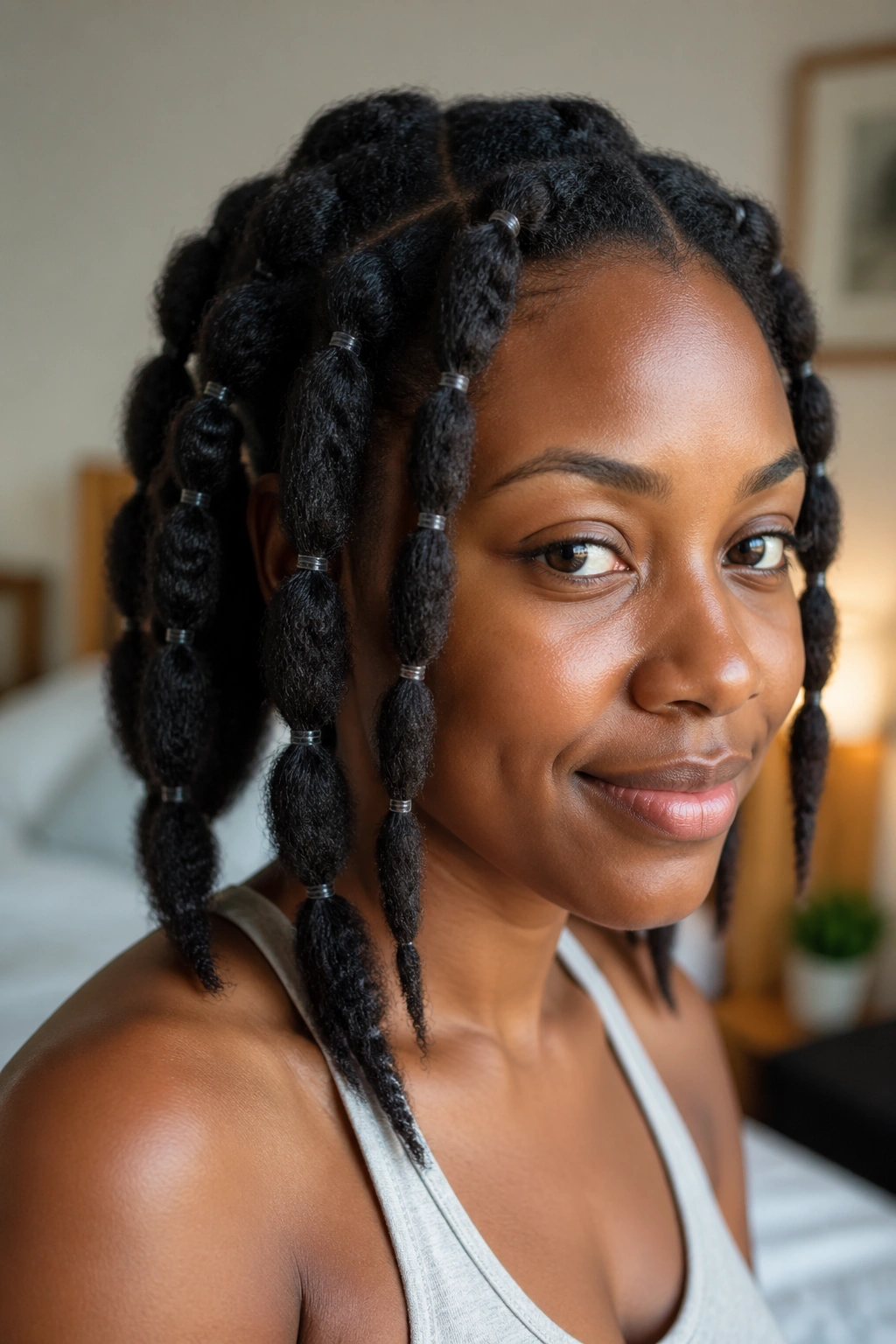 Close-up of a real woman with 4C stretched hair using banding
