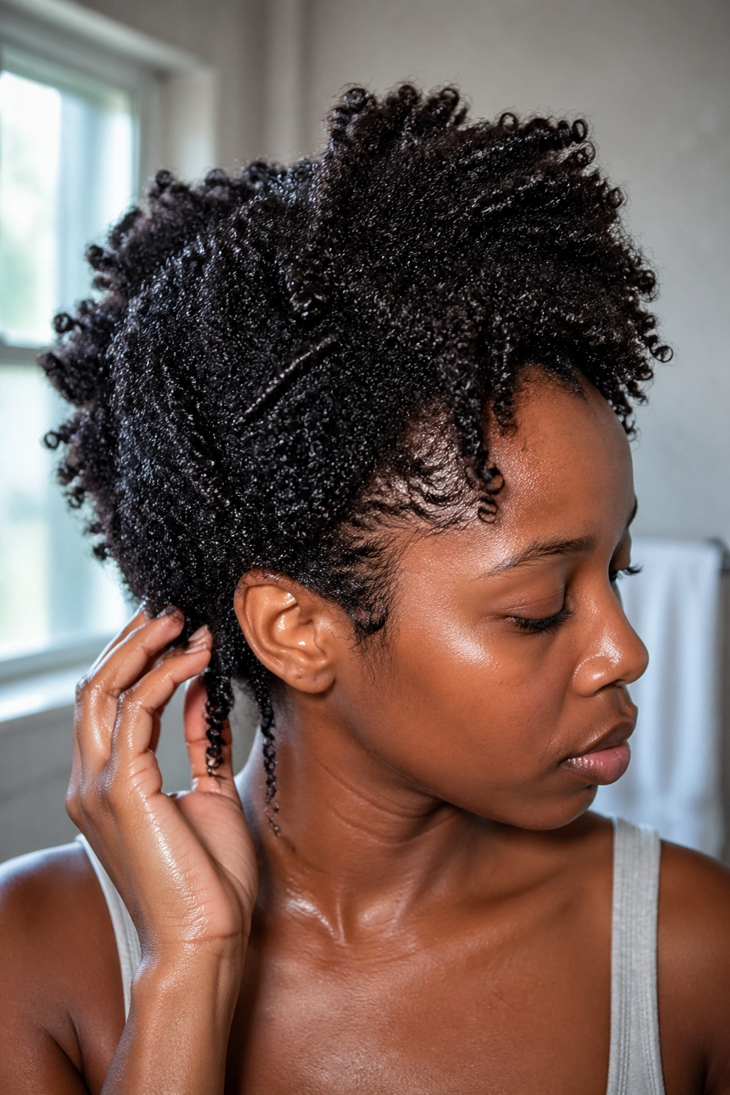 Close-up portrait of a real person showing 4C hair texture with tight coils and damp shine