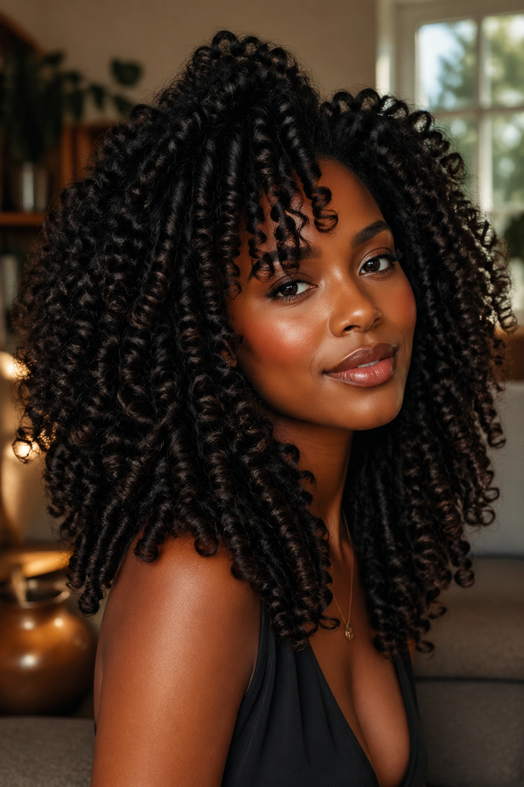 Close-up portrait of a real person with long 4C hair showing defined curl layers.