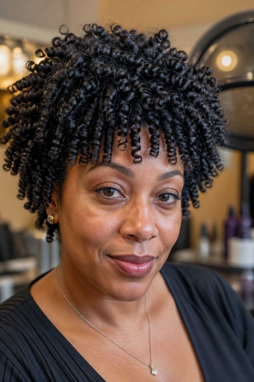 Close-up of a real woman with a defined 4C rod set showing tight uniform coils