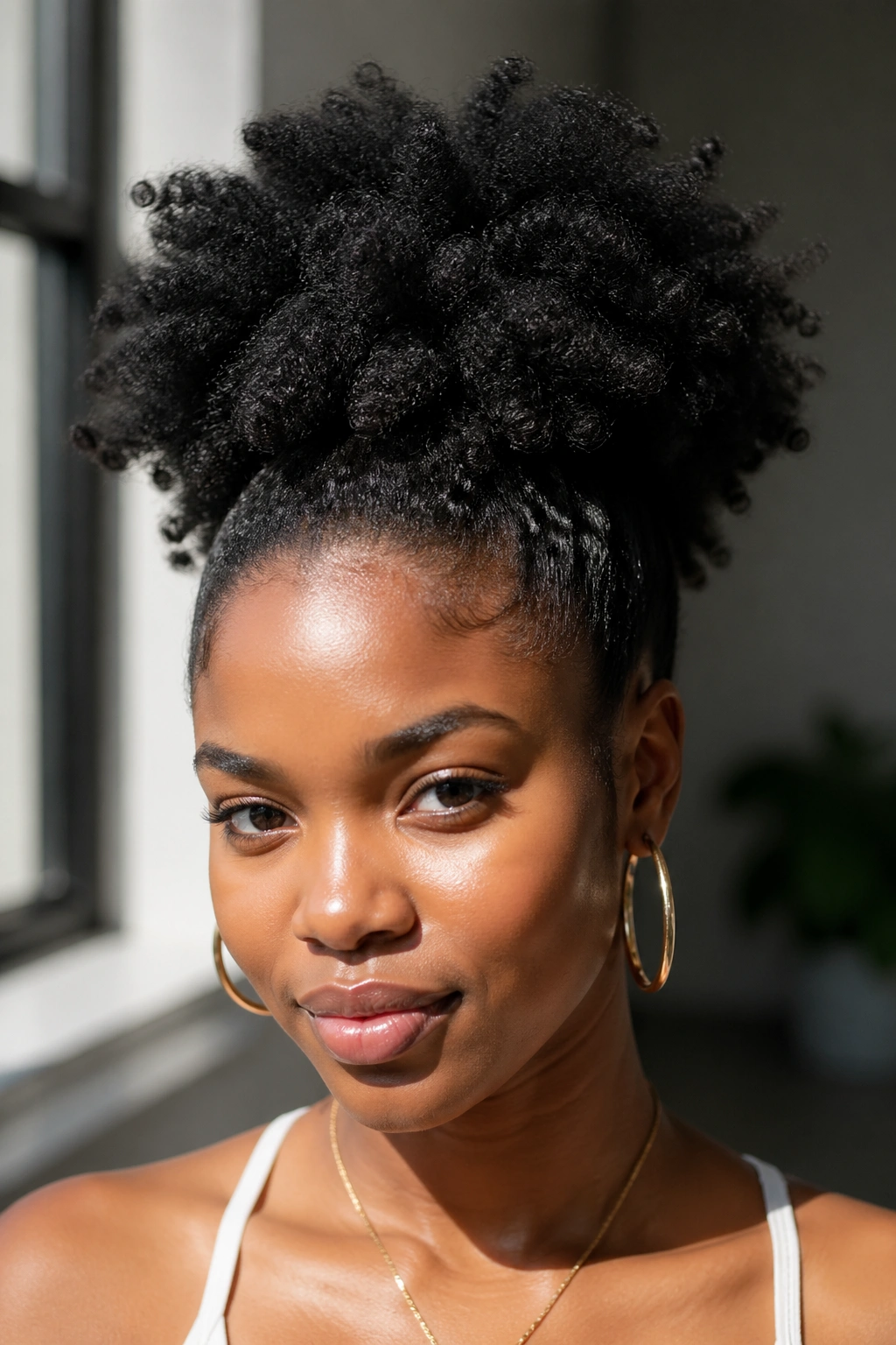 Close-up of a real woman with a high puff showing volume and density of 4C hair