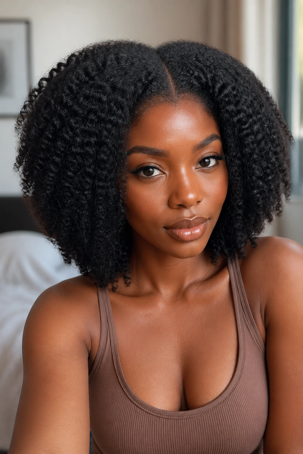 Real person wearing a shoulder-length 4C kinky full lace wig with natural hairline