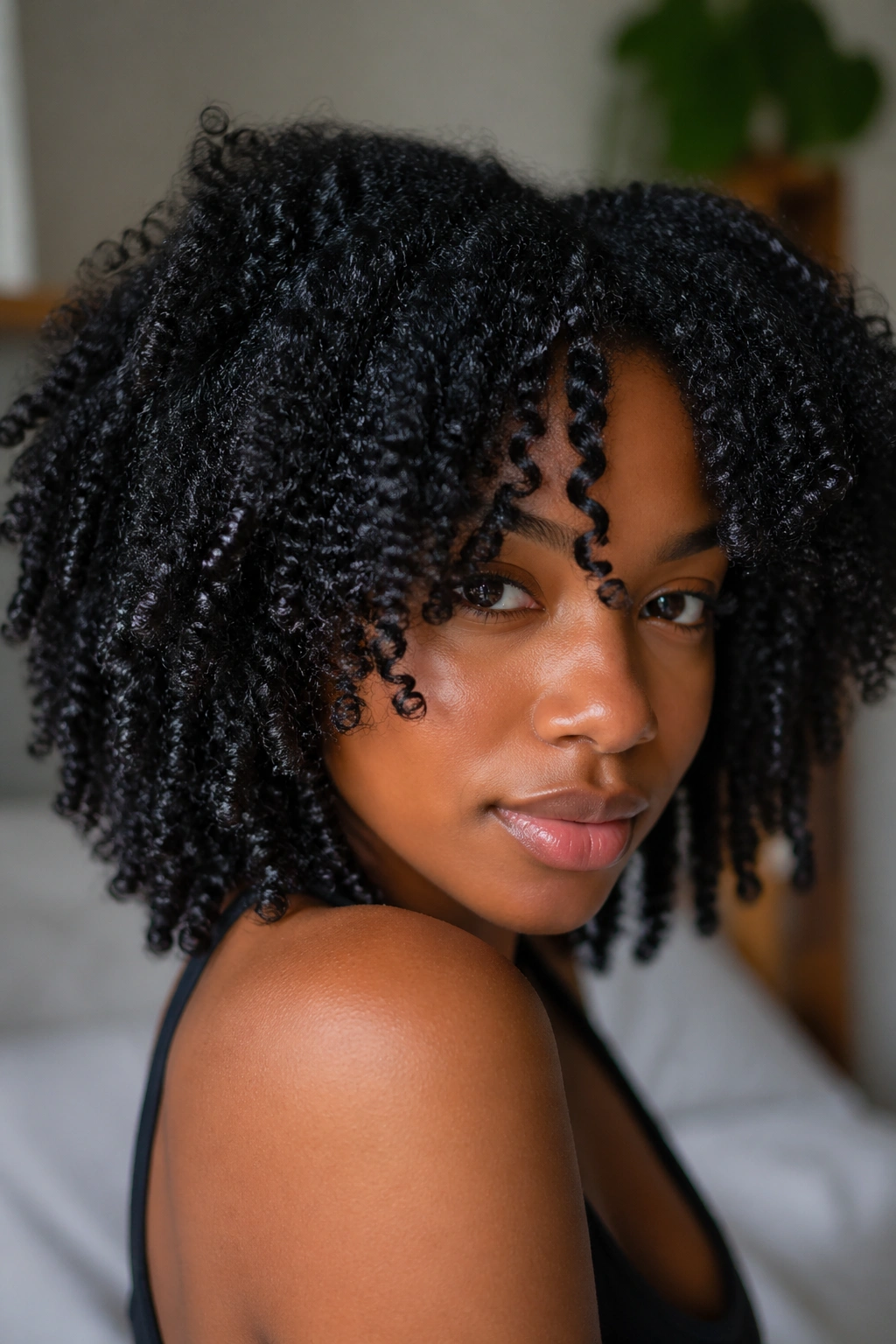Close-up portrait of a real person with moisturized 4C curls.