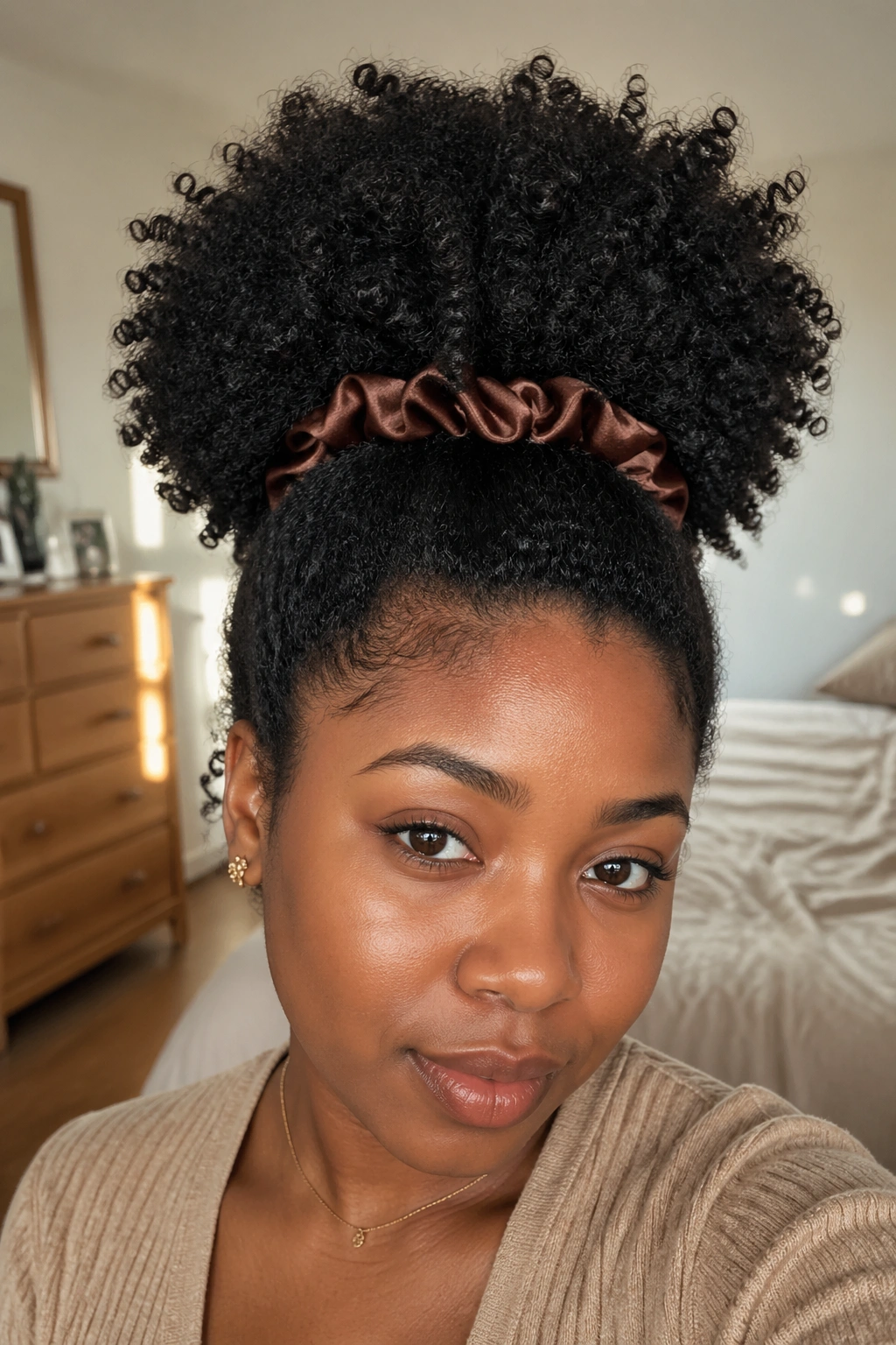 Close-up of a real woman with a large pineapple puff hairstyle