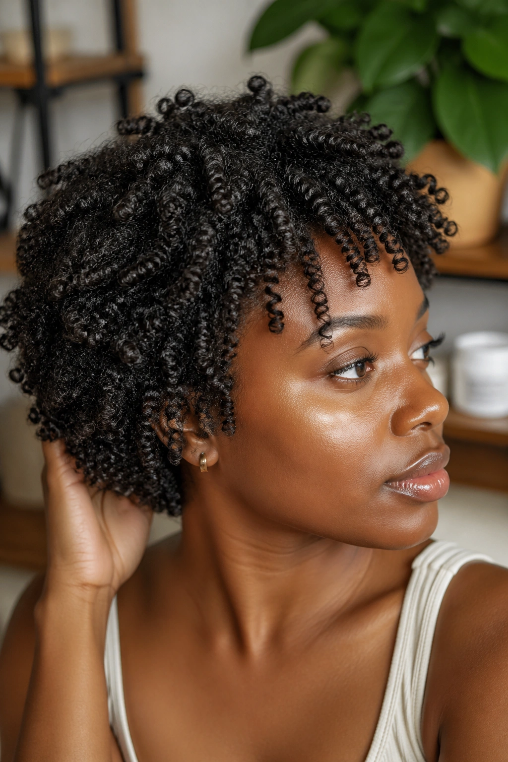 Close-up of moisturized 4C curls after product application on a real person.