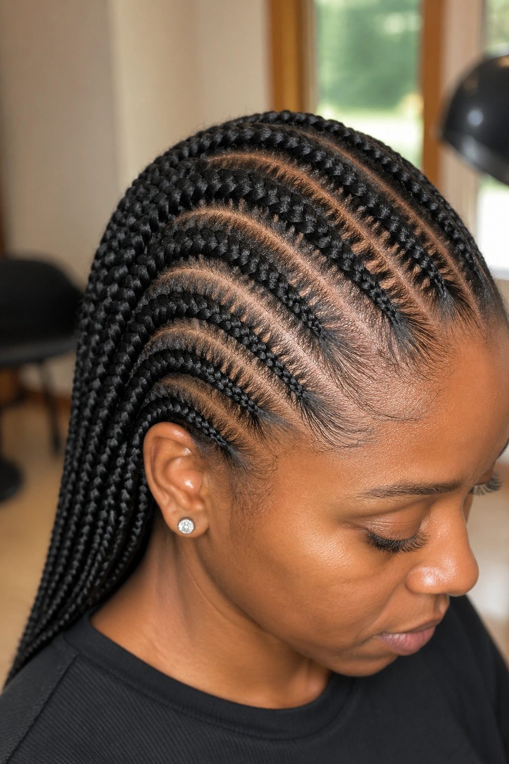 Close-up of a real person with 4C protective braids filling the frame