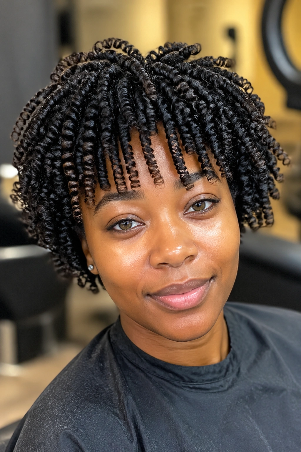 Close-up of a real woman with densely coiled straw-set curls