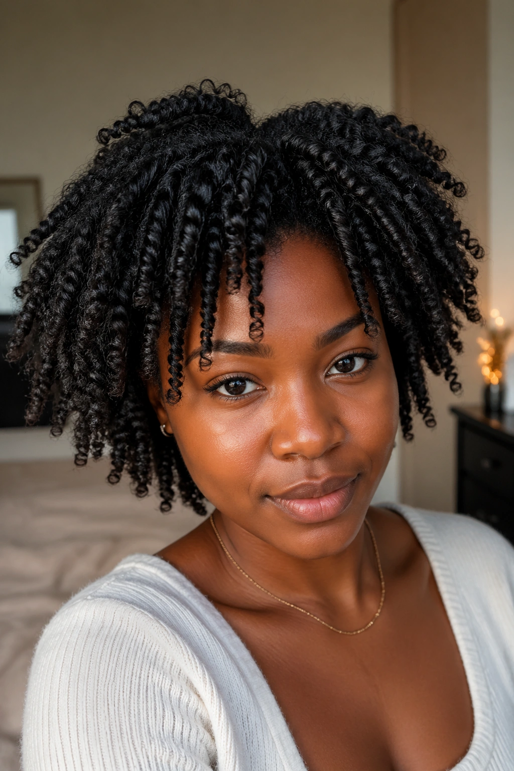 Close-up portrait of a real woman with a defined 4C twist-out in warm bedroom lighting