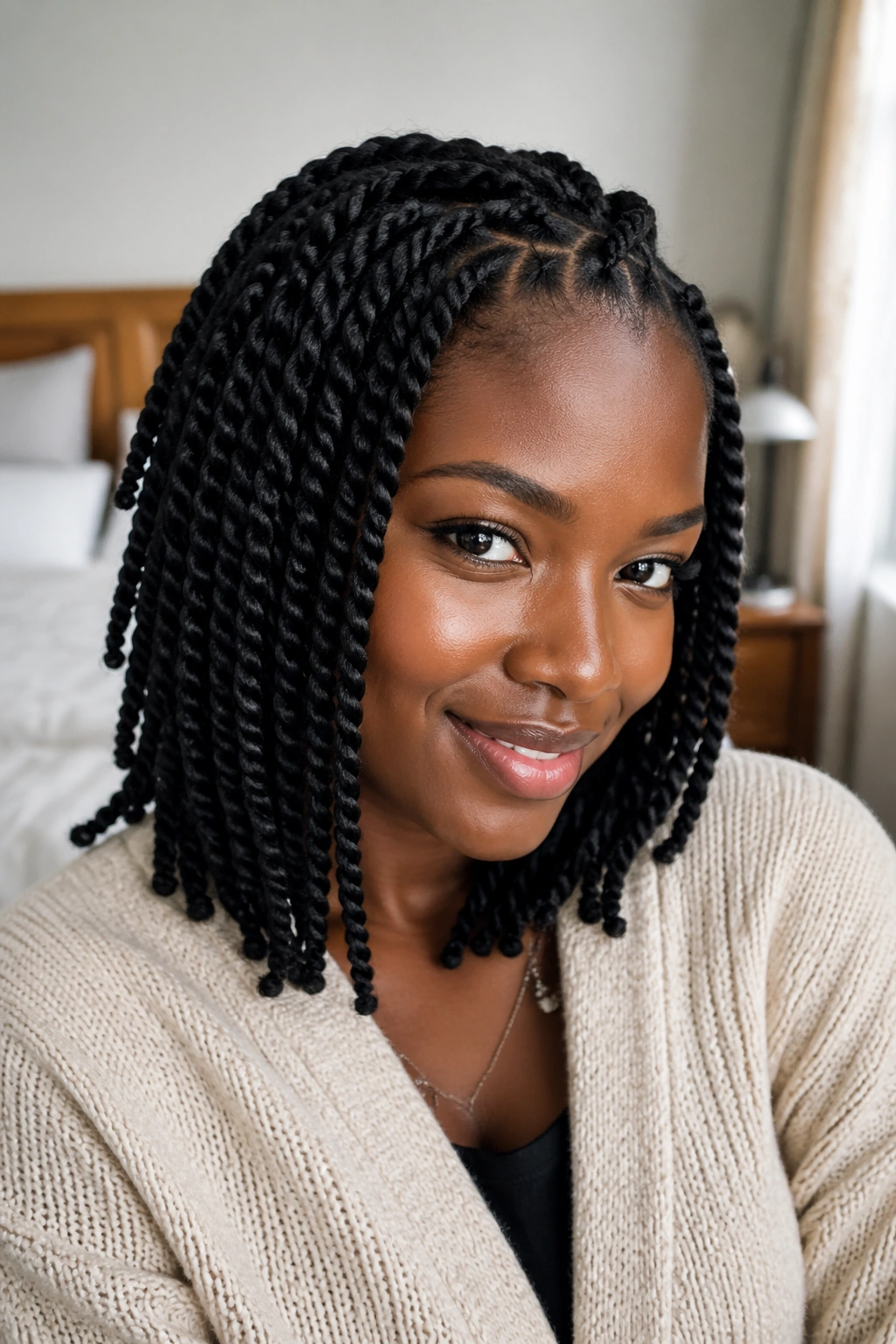 Close-up of 4C two-strand twists on a real person, hair filling the frame