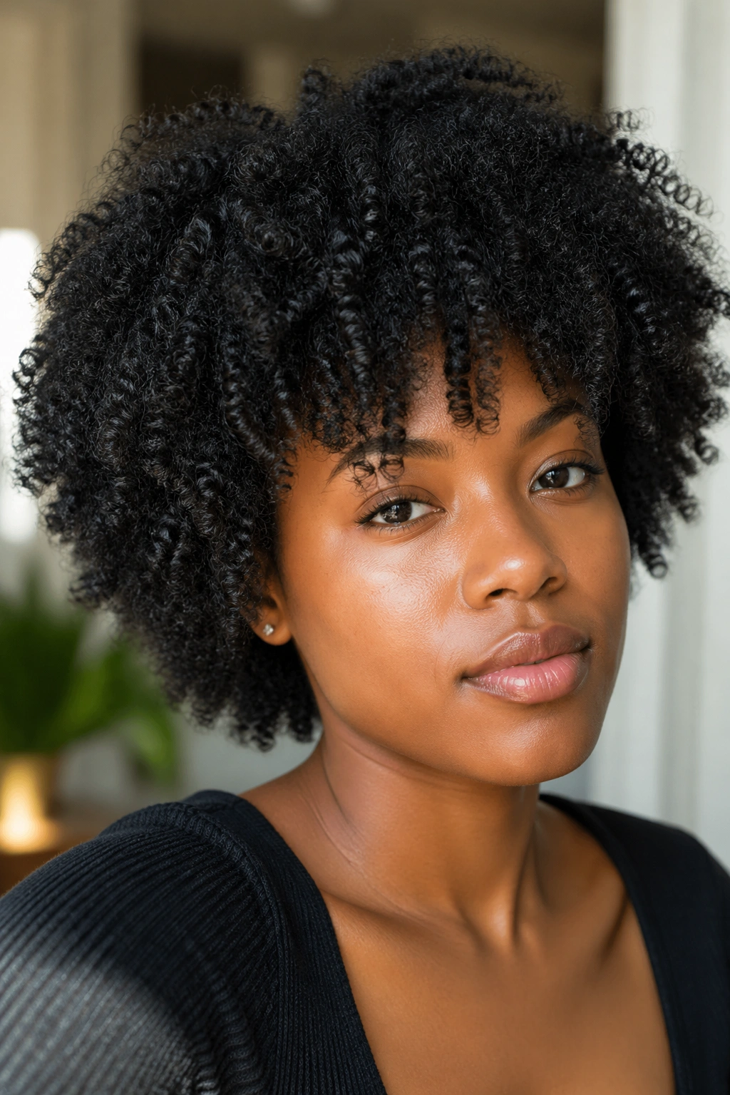 Close-up of a real woman with a large 4C wash-and-go afro in warm indoor lighting