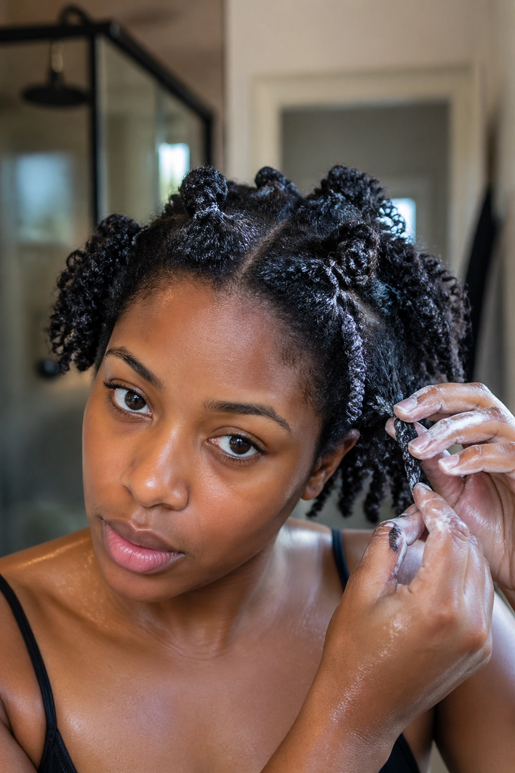 Close-up of a real woman with defined 4C wash-and-go curls