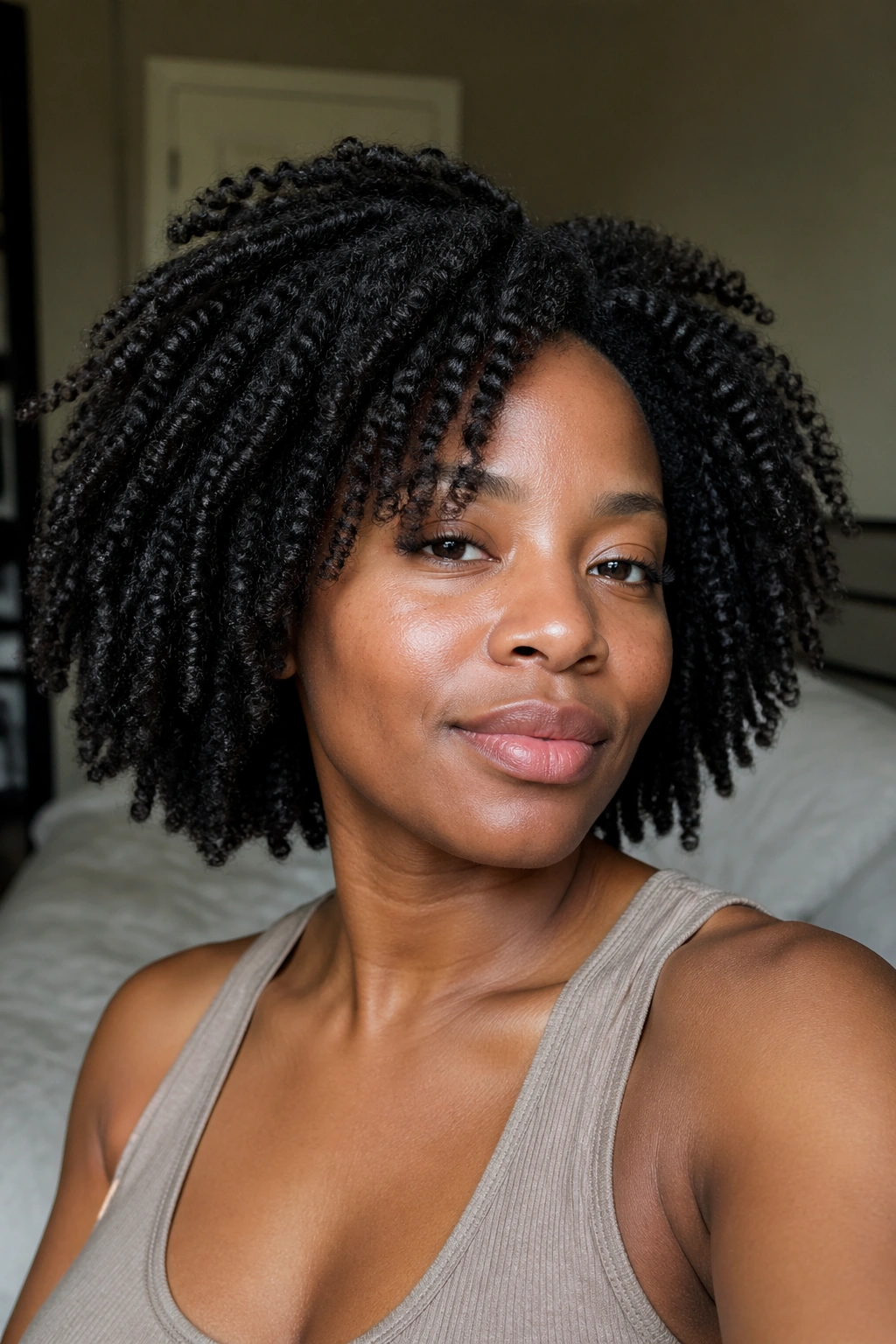 Close-up portrait of a person with stretched wash-and-go on 4C hair.