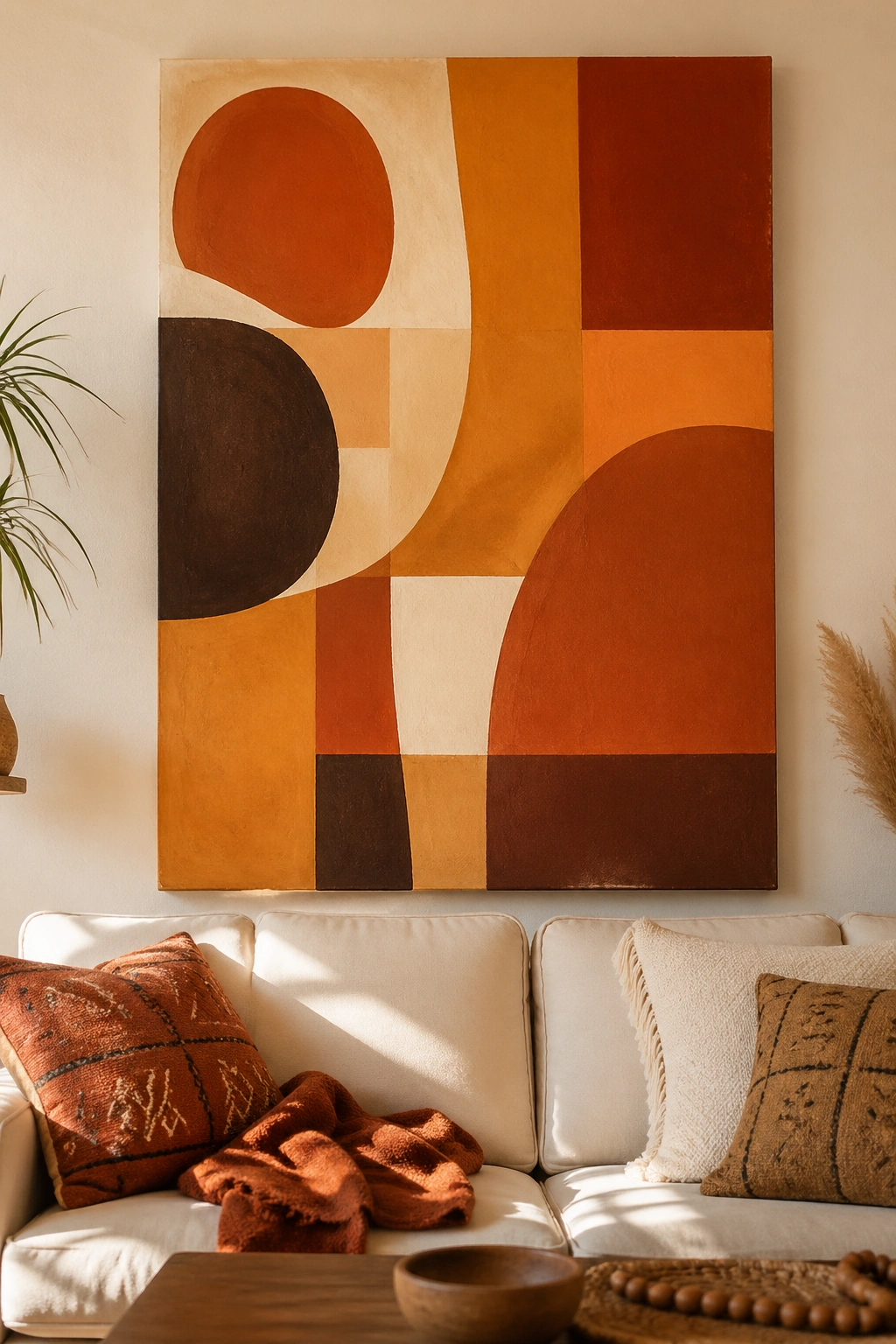 Large abstract earth tone canvas art above sofa
