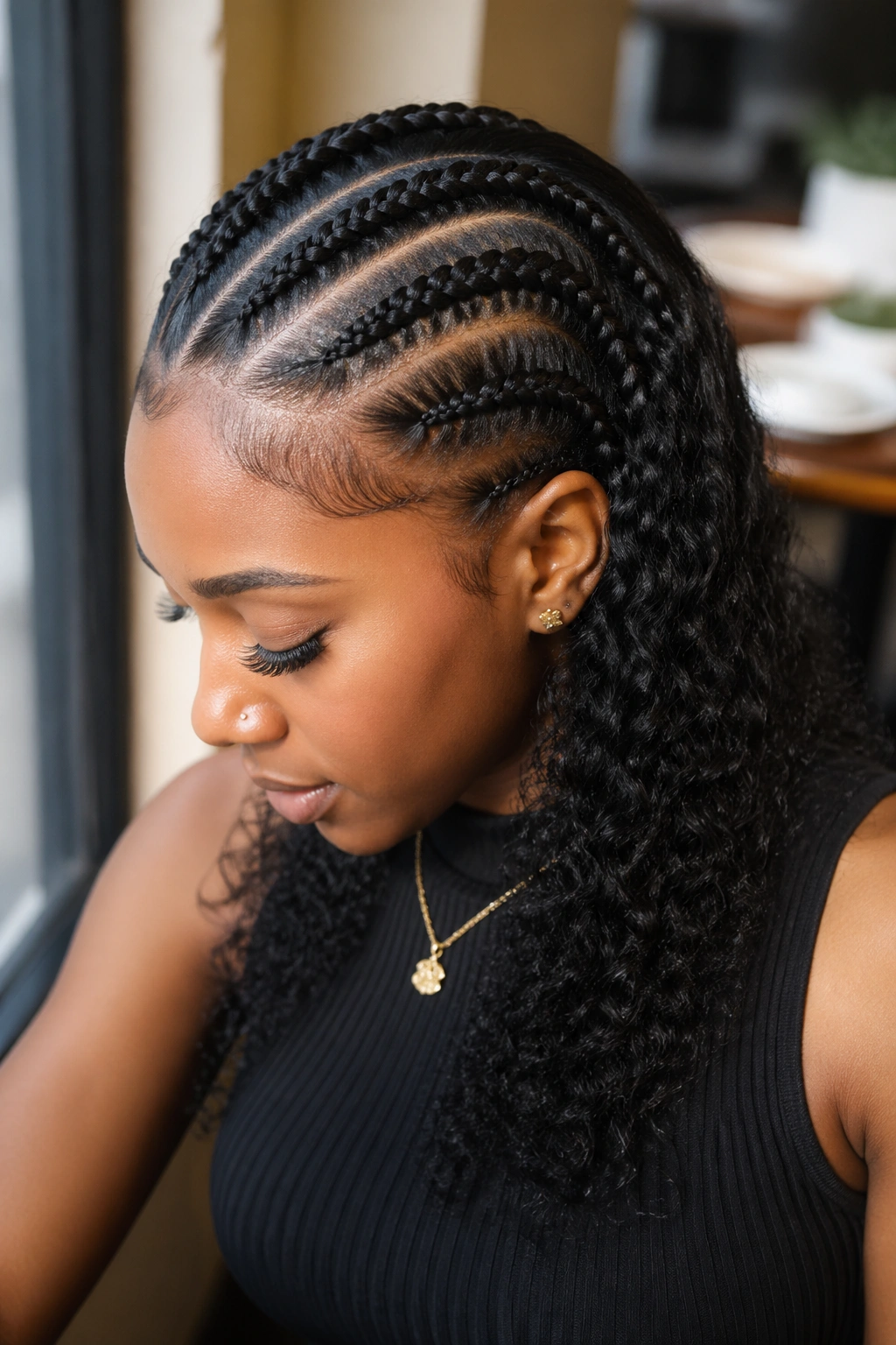 Half cornrows with a single accent braid at the temple feeding into curly weave.
