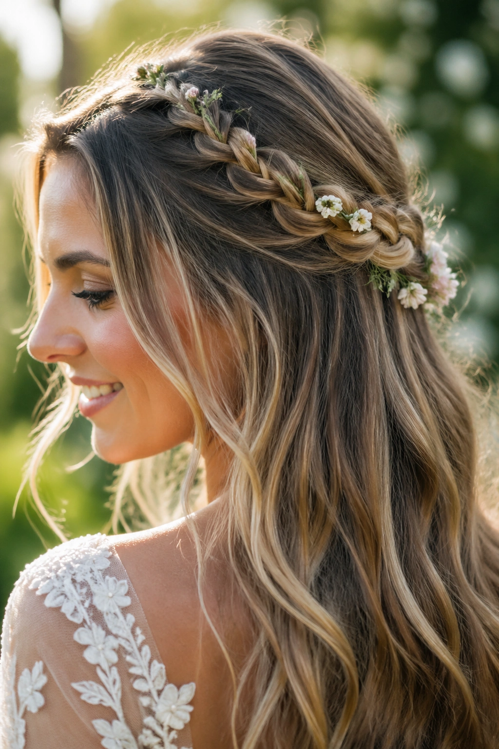 Portrait of a real woman with a floral vine woven in an accent braid.
