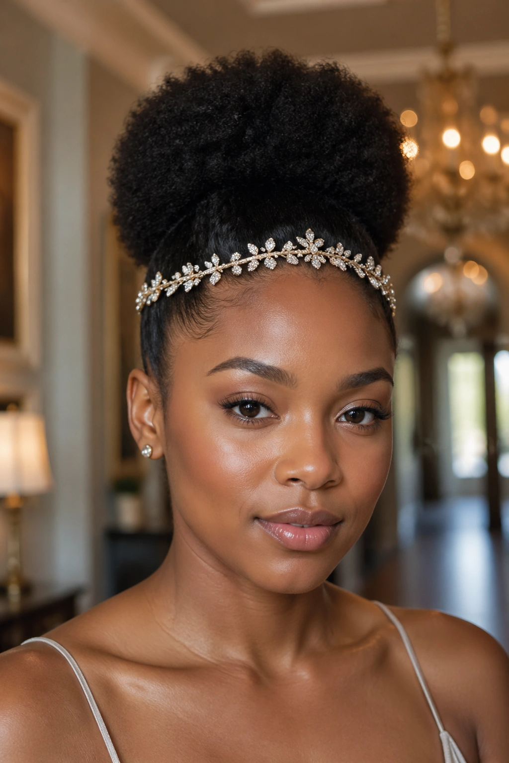 Woman with puff behind a decorative headband creating a regal look