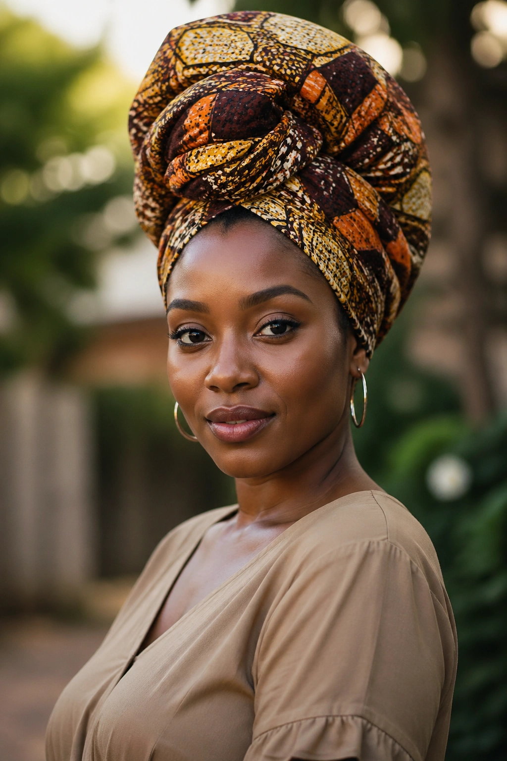Portrait of a person wearing a bold African print headwrap with a casual dress outdoors.