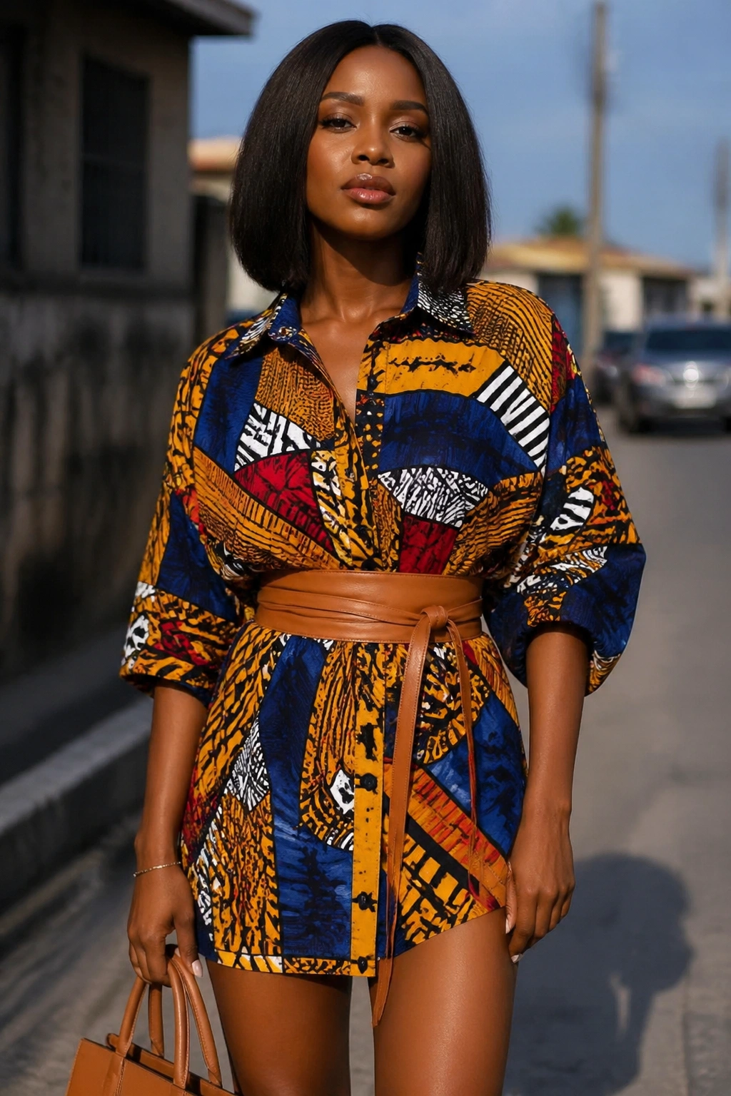 Portrait of a person wearing an oversized African print shirt belted as a dress on a sunlit street
