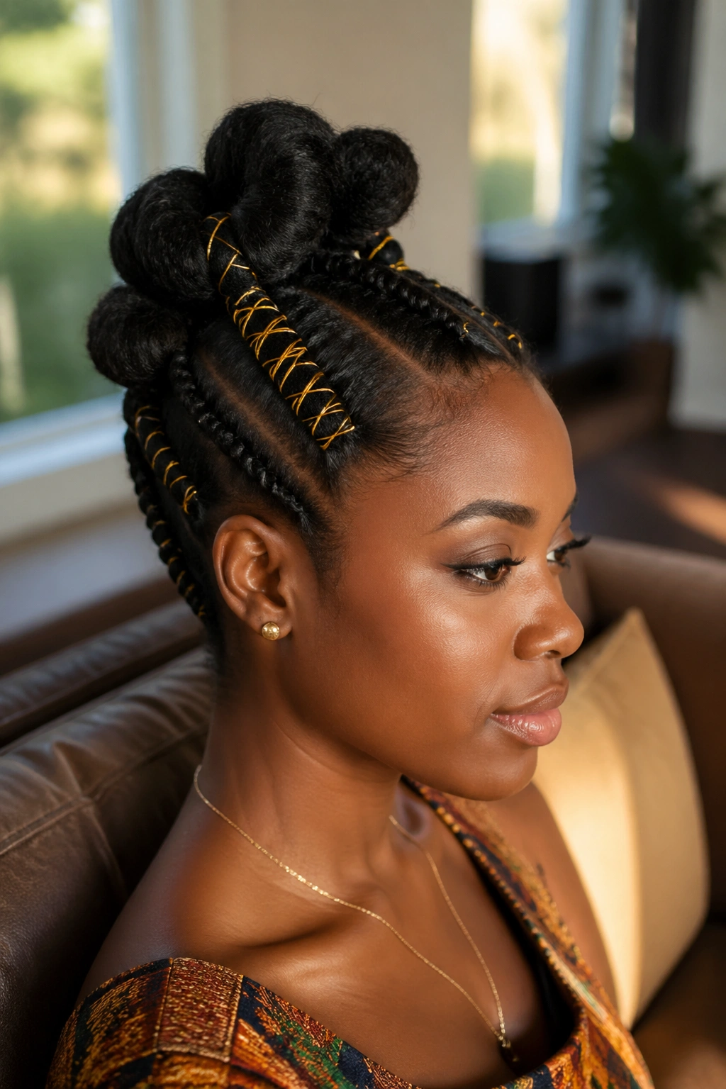 Close-up of a real woman with African threaded updo showing decorative threads