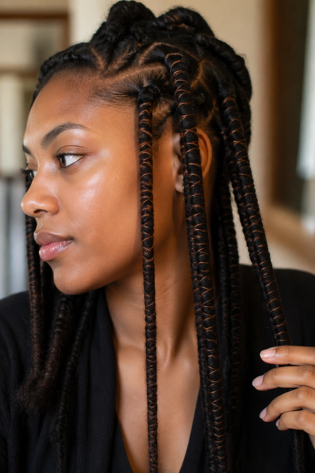 Close-up of African threading on natural hair showing elongated sections