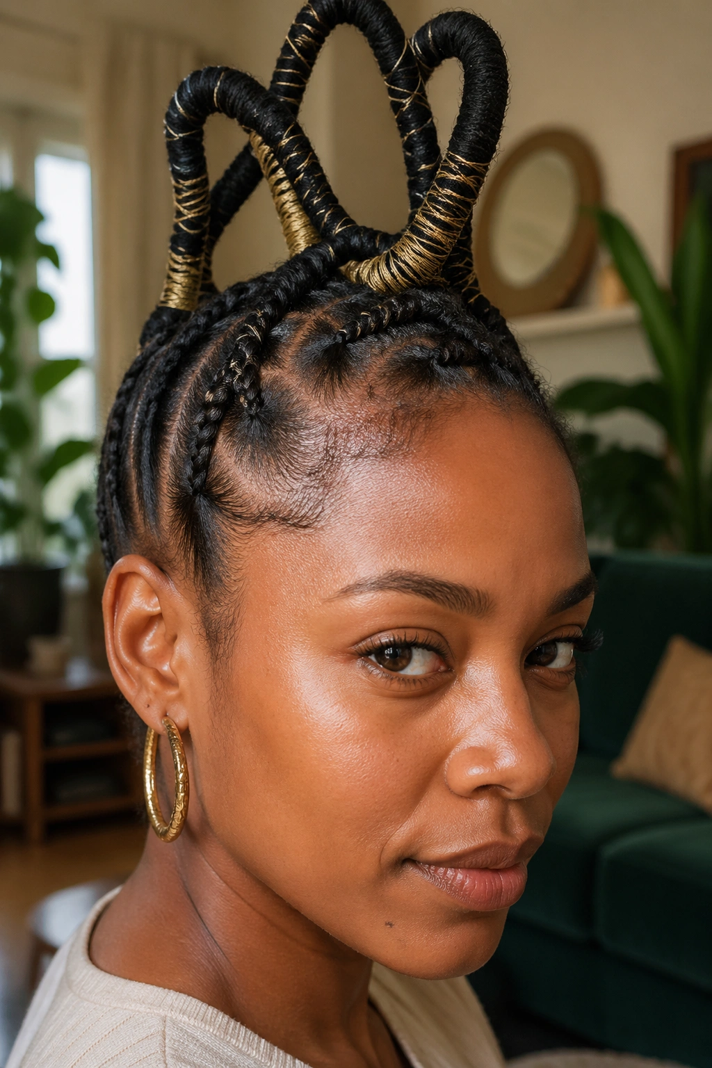 Close-up of a real woman with African threading updo featuring threaded sections in sculptural shapes