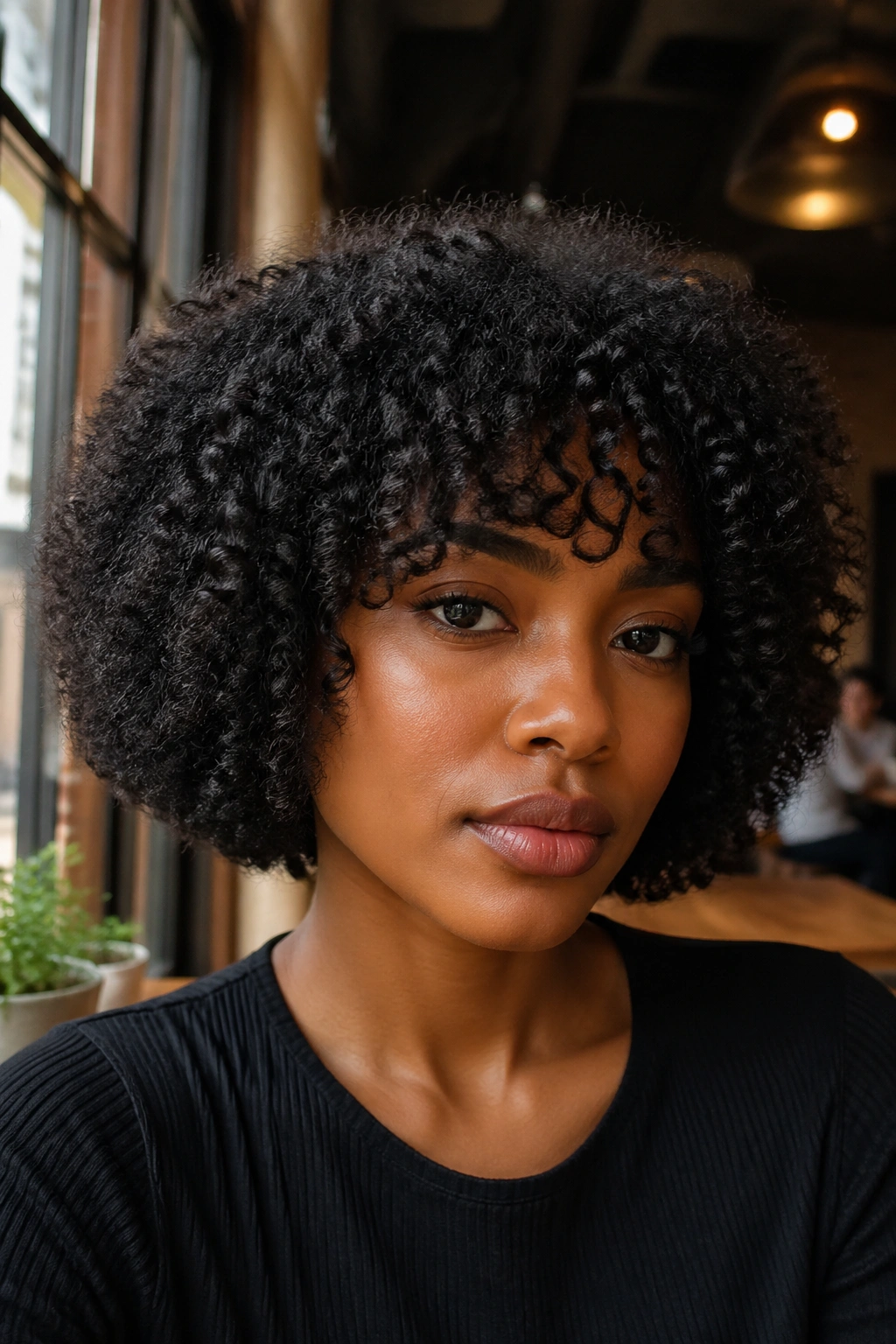 Close-up of a woman with an Afro Bob hairstyle