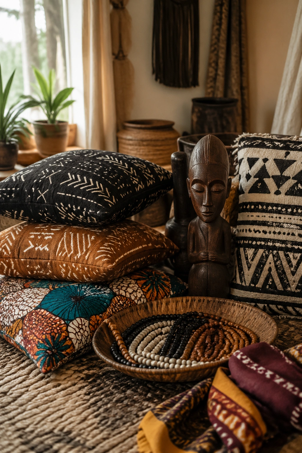 Close-up of mud cloth, wax prints, beads and carved wood textiles in a cozy living room