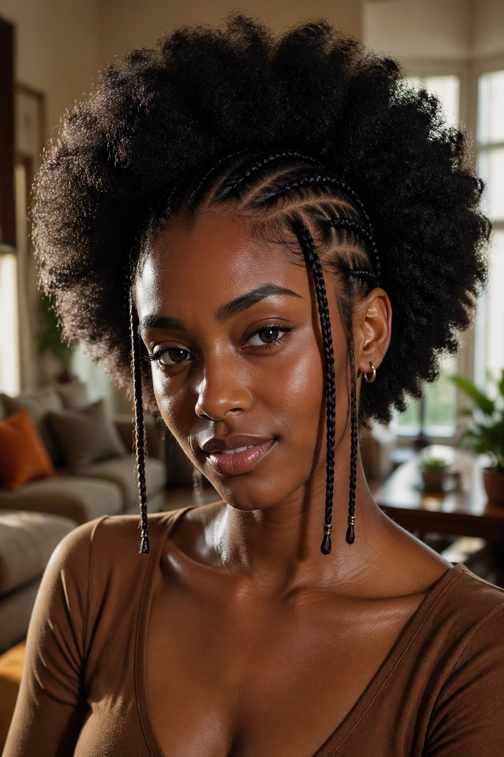 Close-up of a real woman with a crisp braided frame surrounding a voluminous afro