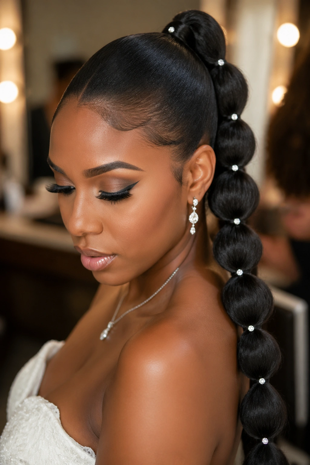 Close-up of a woman with a sleek bubble ponytail adorned with tiny gems along its length