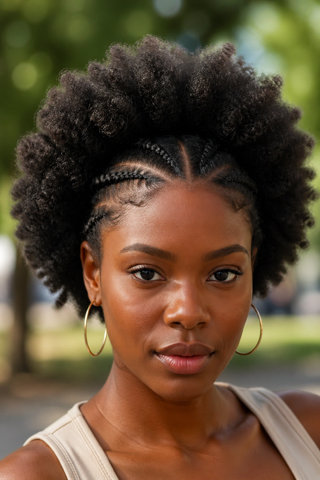 Close-up of real person with cornrows integrated into a full afro