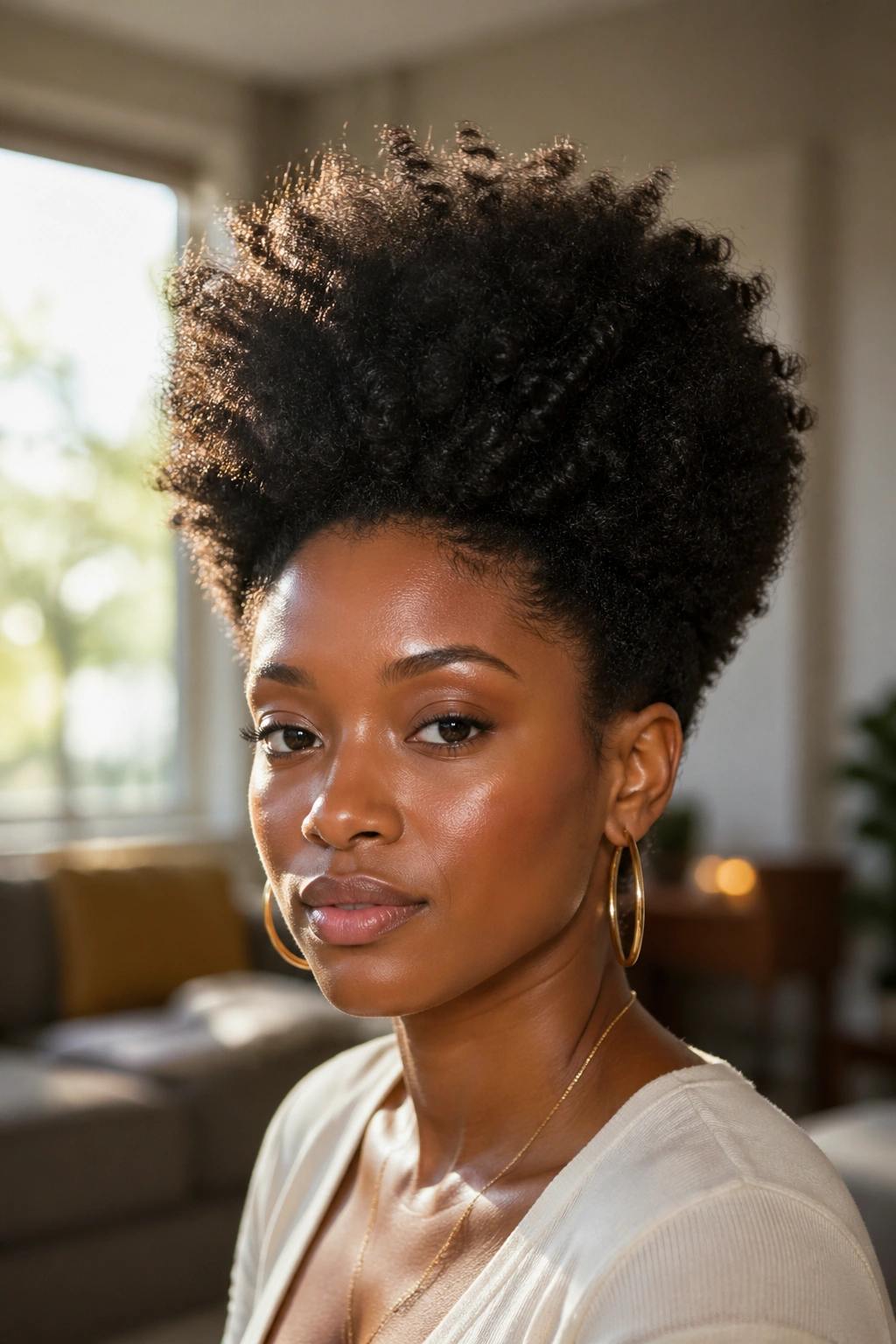 Close-up of a woman with a tall crown-height natural Afro in soft daylight