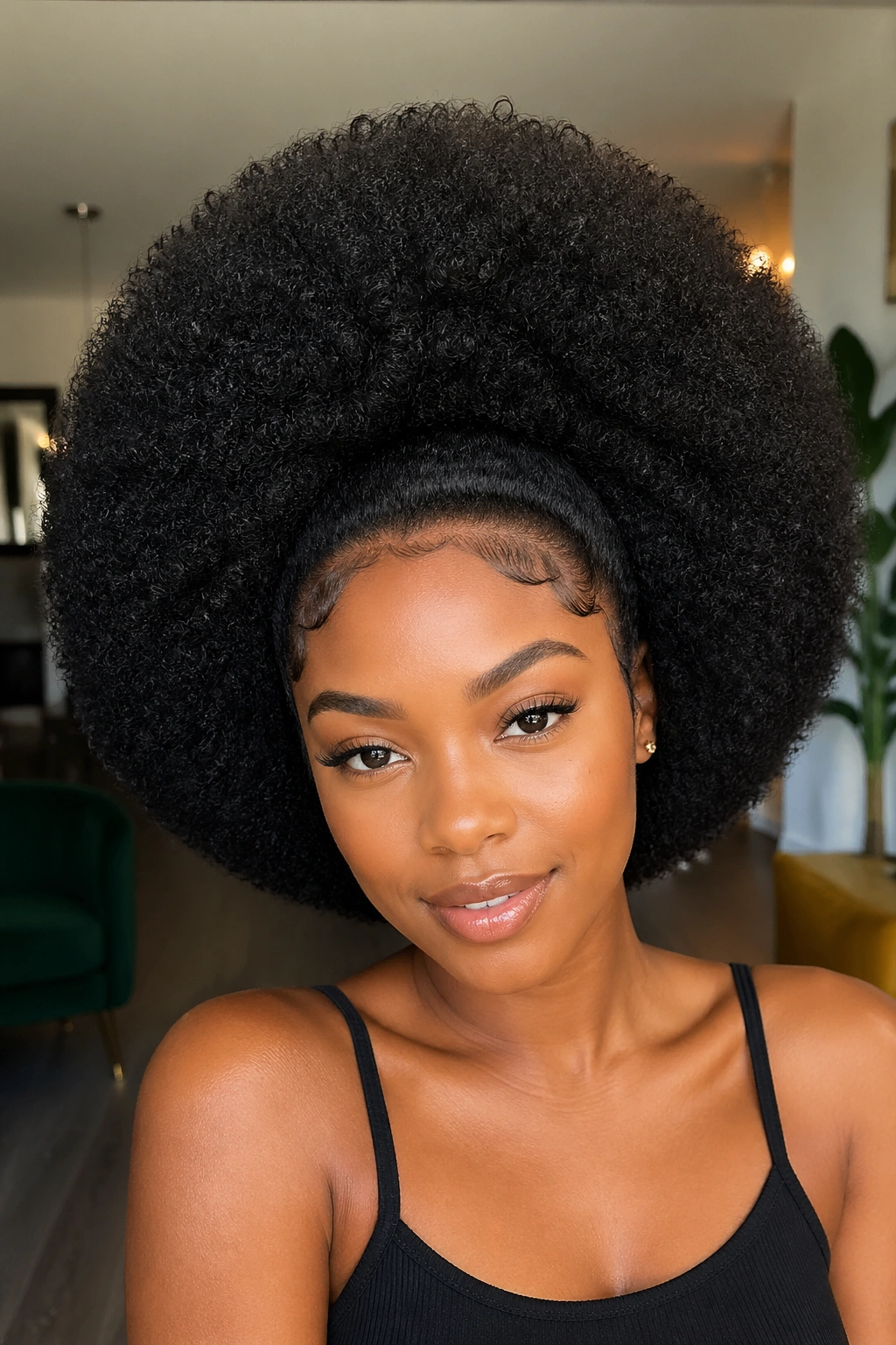 Close-up of a woman with a full afro and defined edges.