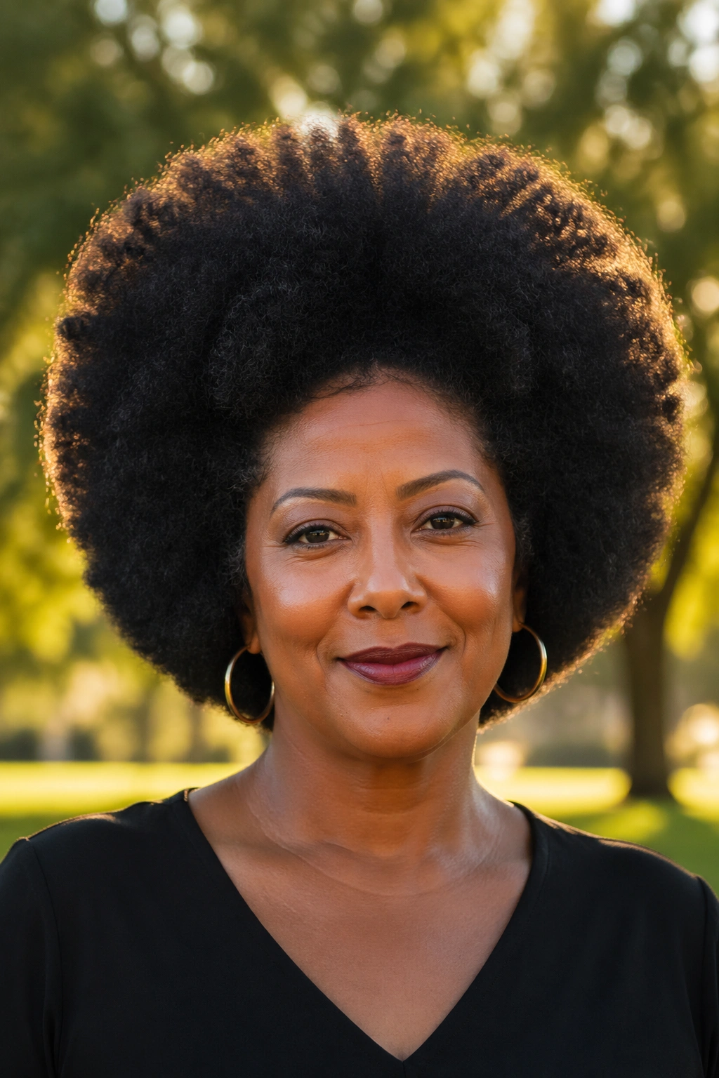 Portrait of a woman with a large, defined round afro outdoors