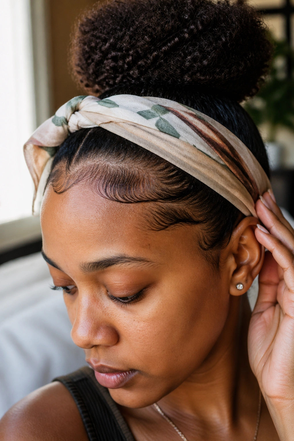 Close-up of a woman's hairline with neatly laid edges