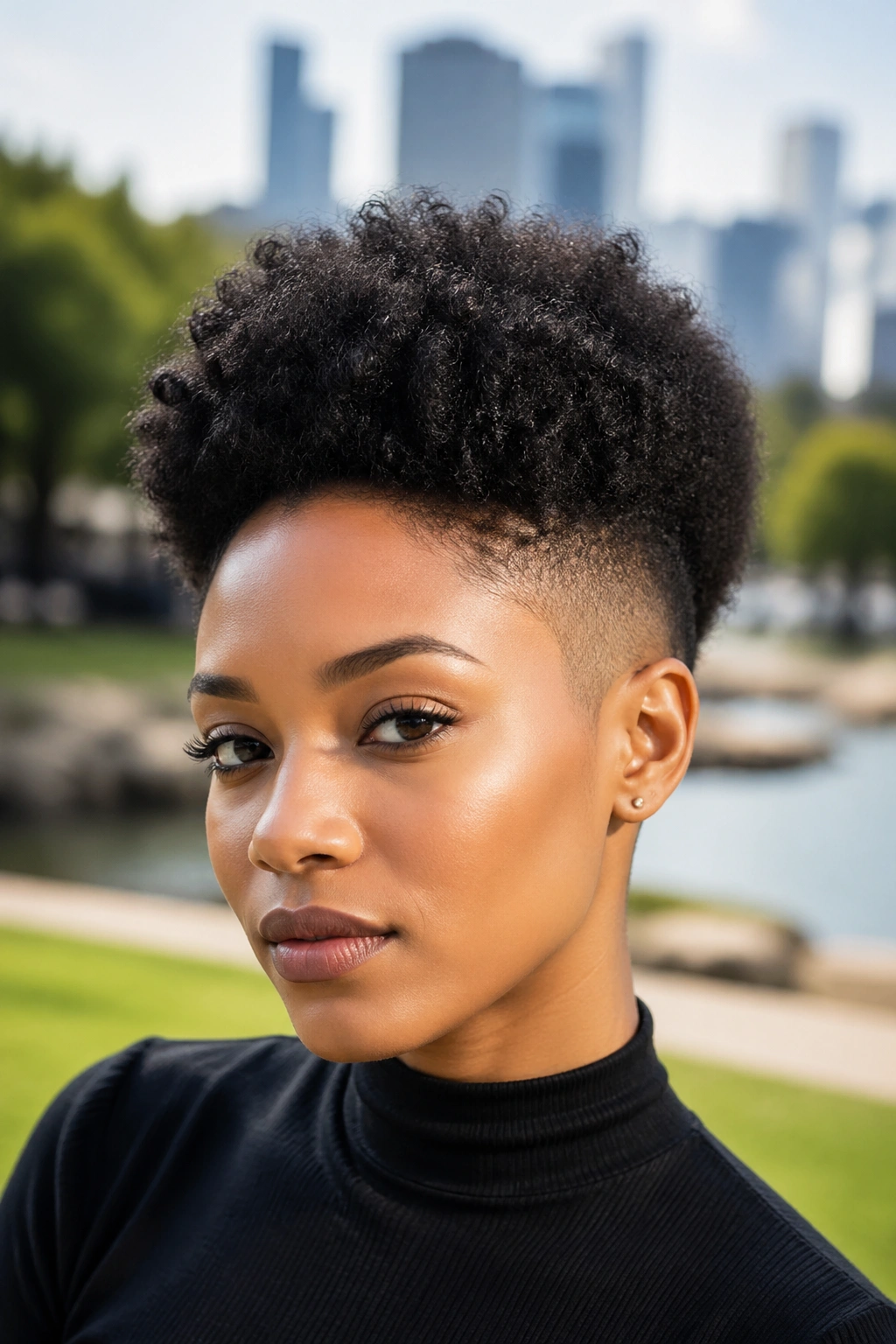 Real woman with afro and faded sides, bold gradient from temples to crown