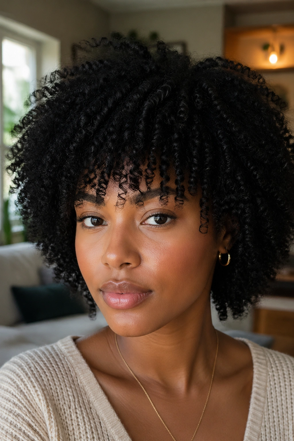 Close-up of a real person with a curly fringe across the forehead
