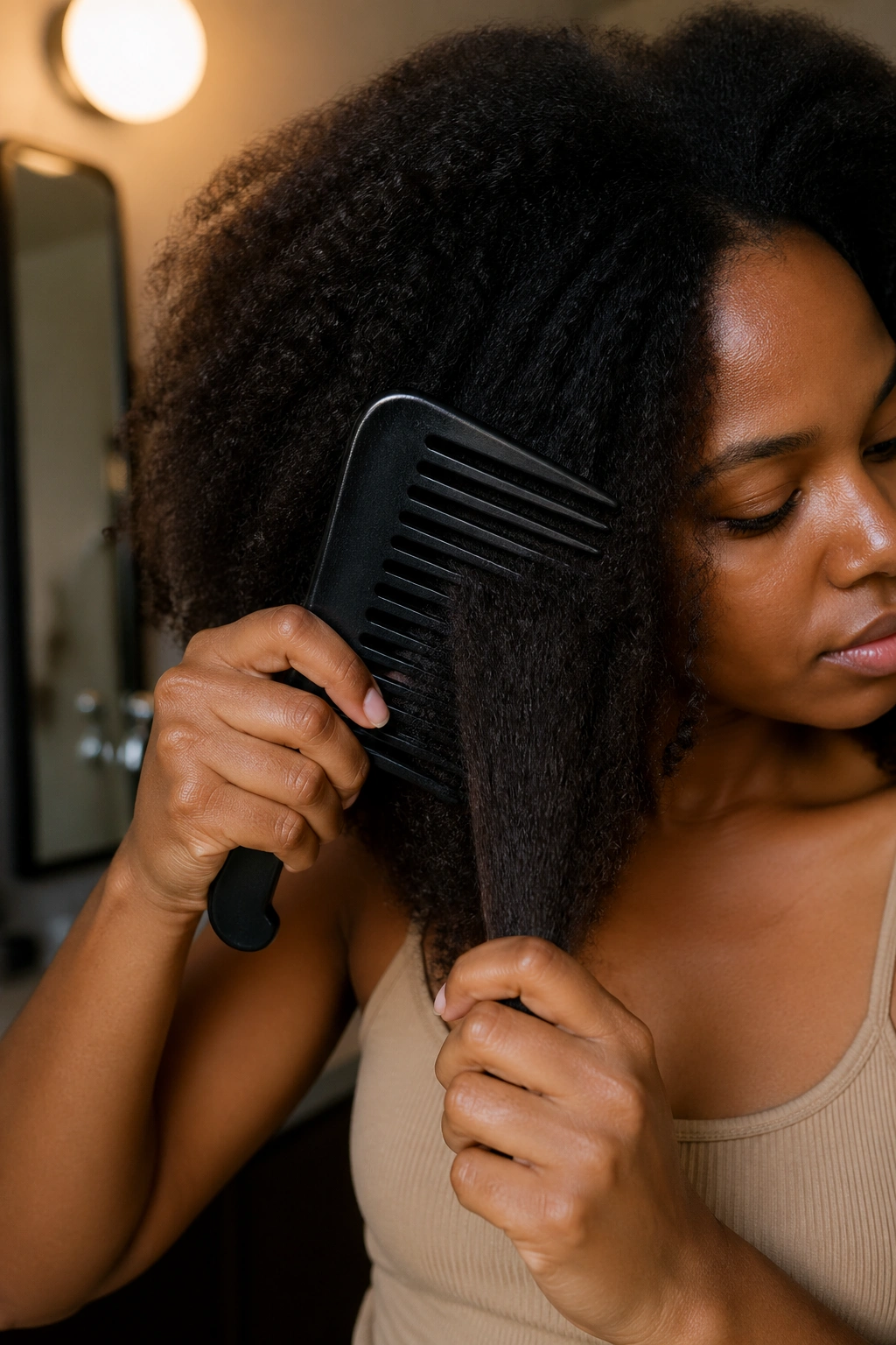 Close-up of hands detangling thick afro hair with a wide-tooth comb