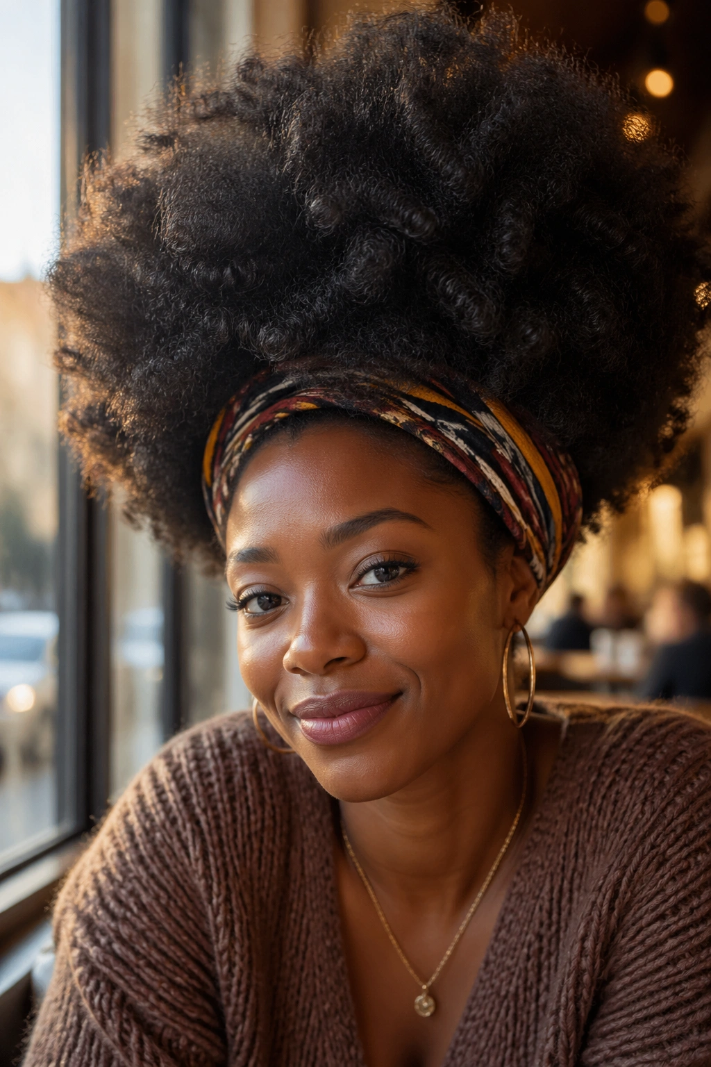 Real woman with natural afro framed by headscarf at base, cafe window setting