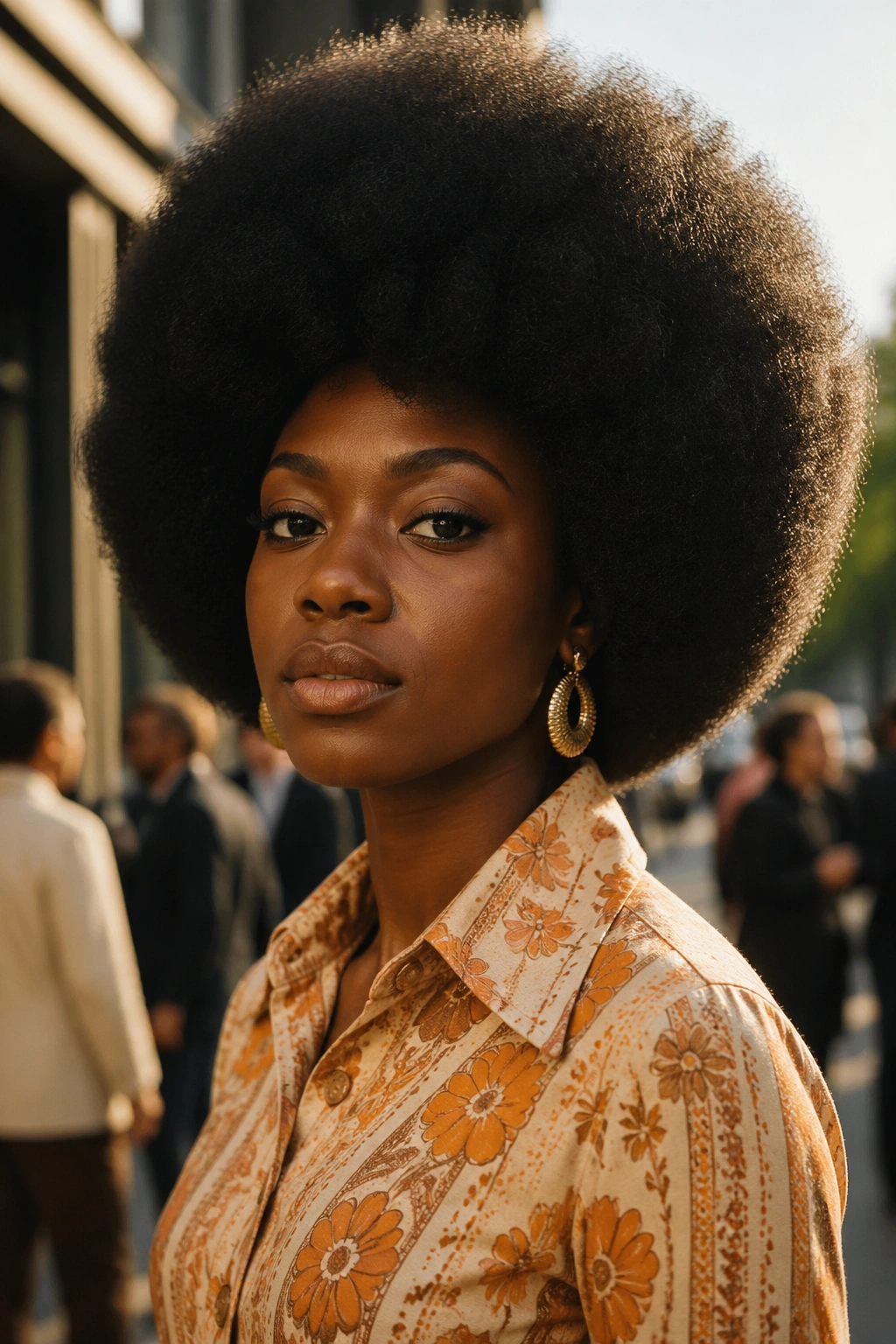 Close-up portrait of a Black woman with a full Afro against a civil rights-era street backdrop