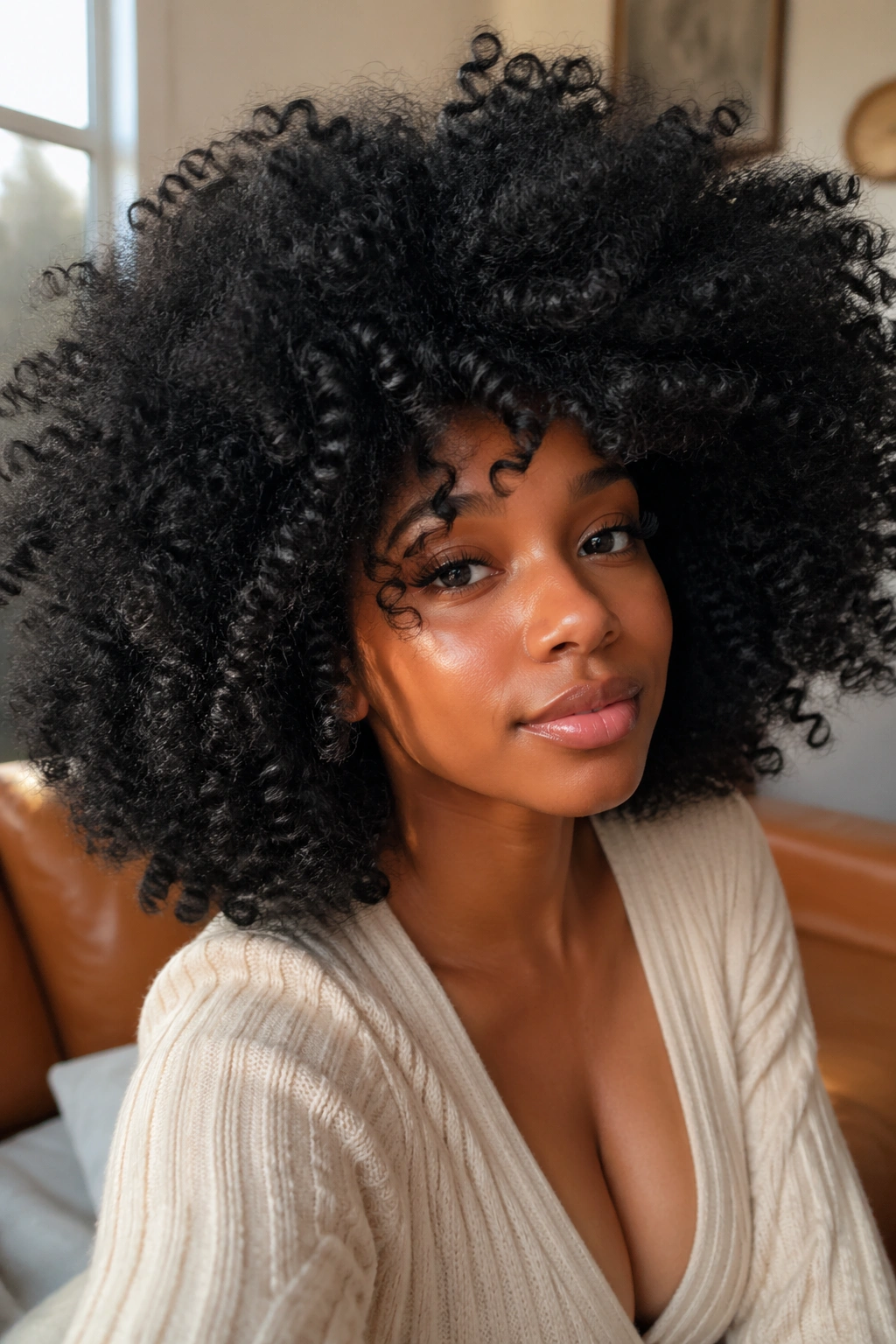 Close-up of real person wearing a voluminous afro kinky bulk wig with dense curls