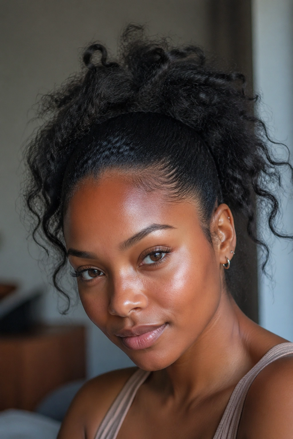 Portrait of a woman with an intentionally messy textured ponytail